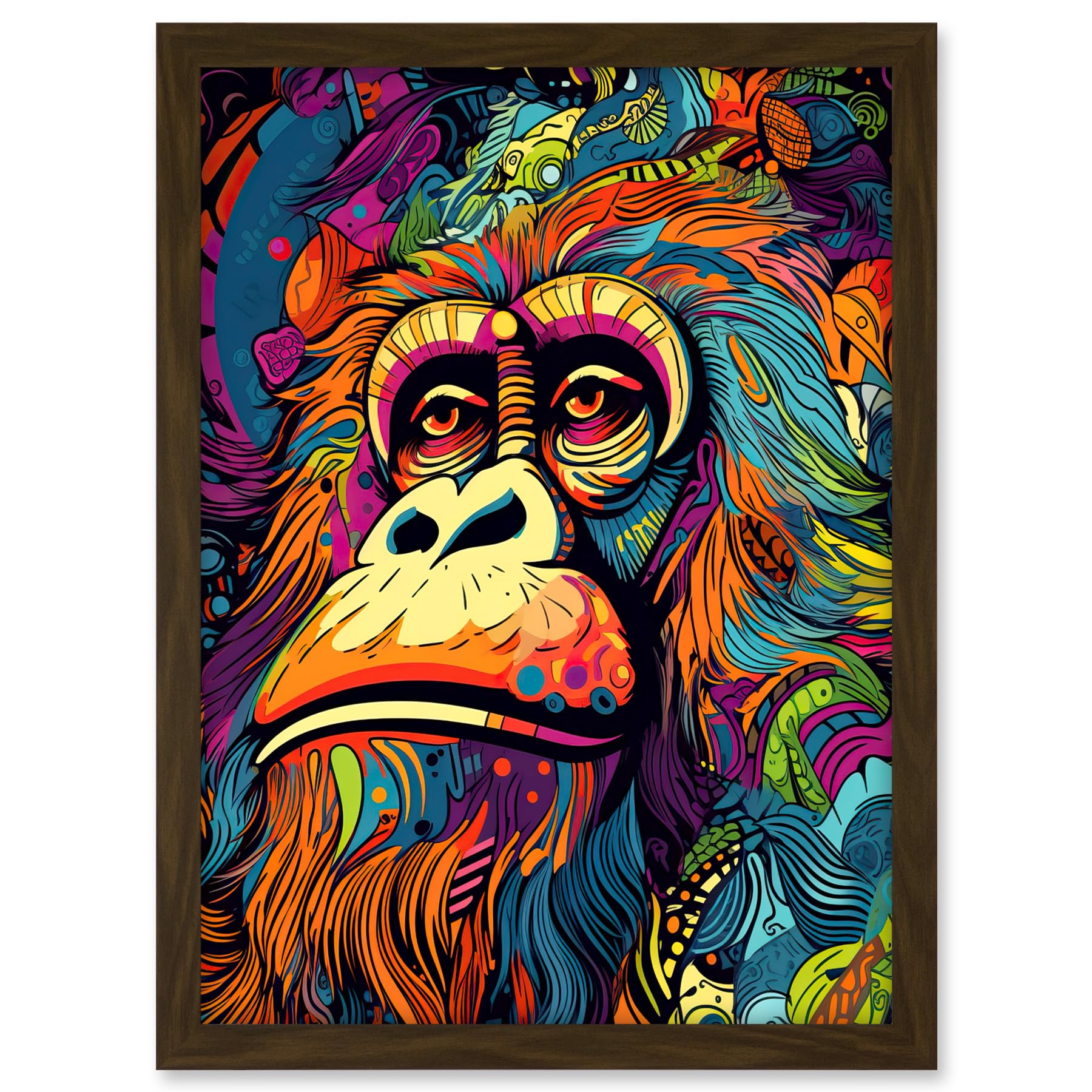 Artery8 Majestic Orangutan Great Ape Colourful Psychedelic Borneo Rainforest Artwork Framed A3 Wall Art Print