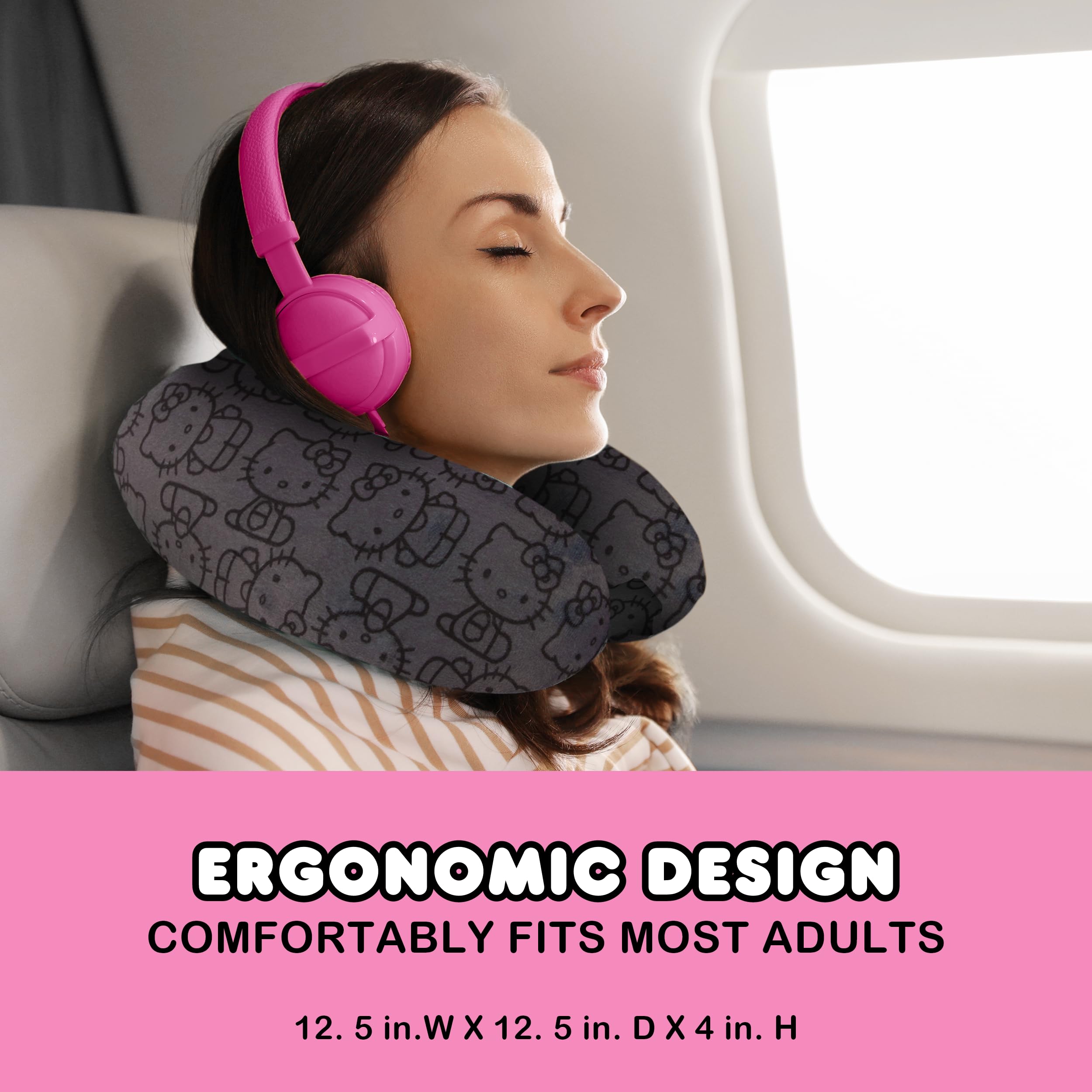 FUL Hello Kitty Neck Pillow, All Over Print Memory Foam Travel Accessories for Airplane, Car and Office, Comfortable and Breathable, Black