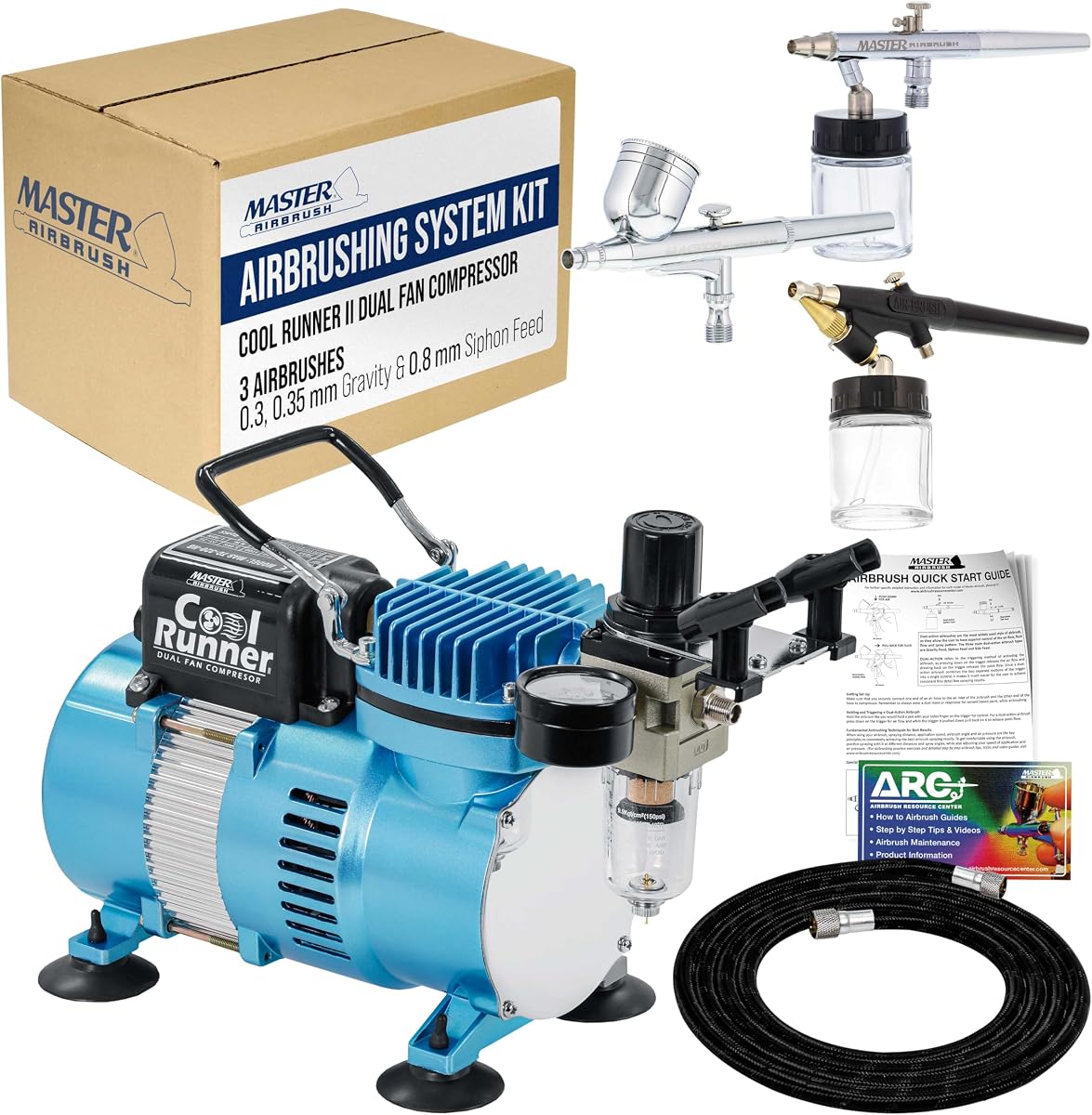 Cool Runner II Dual Fan Airbrushing System Kit - Air Brush Kit with Air Compressor & 3 Airbrushes, 0.3 mm Gravity & 0.35, 0.8 mm Siphon Feed, Holder & Learning Guide Manual