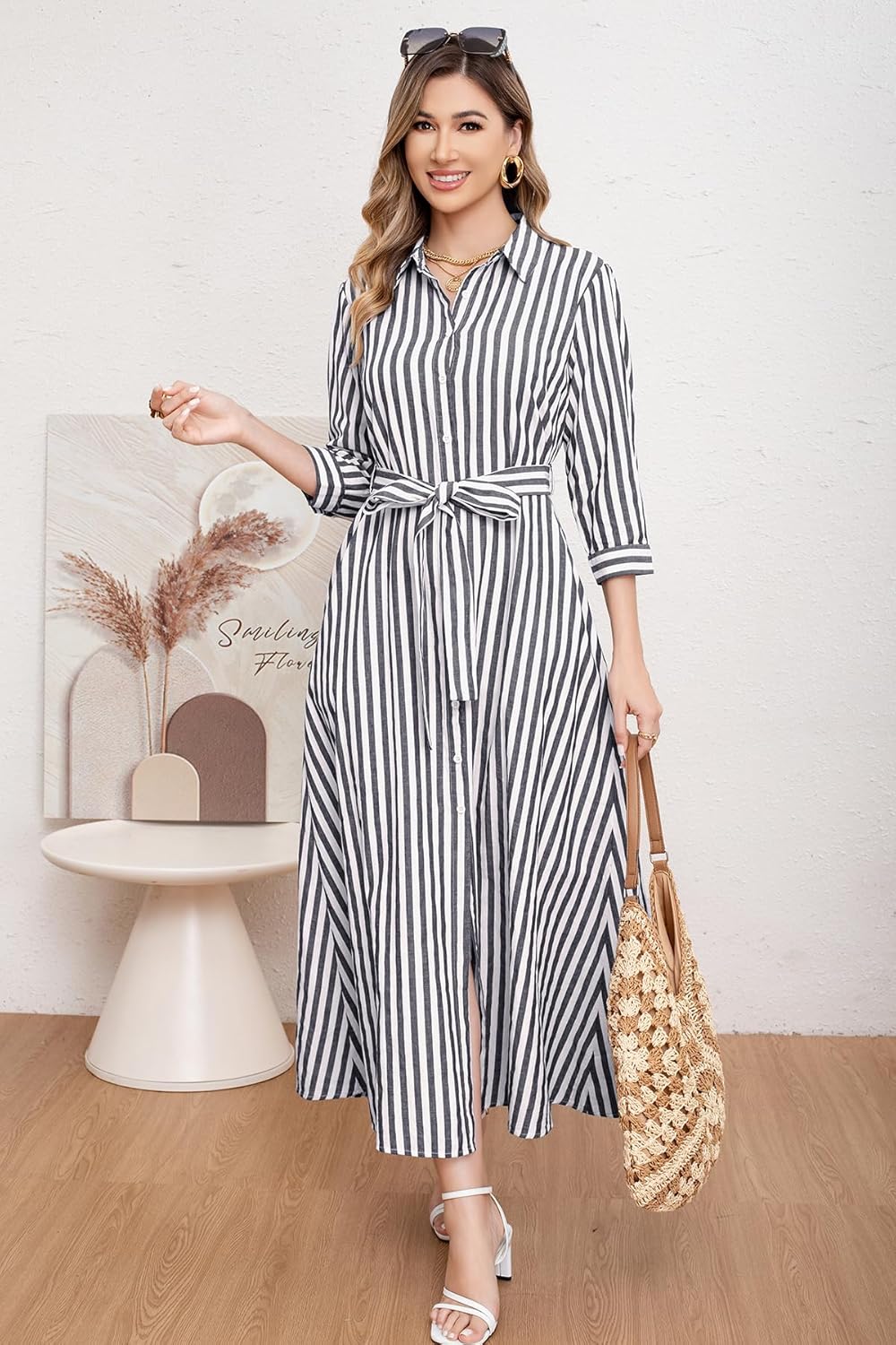 utcoco Women's 2025 Spring Summer Casual Striped Maxi Dress Button Down Shirt Dress with Belt - Image 3