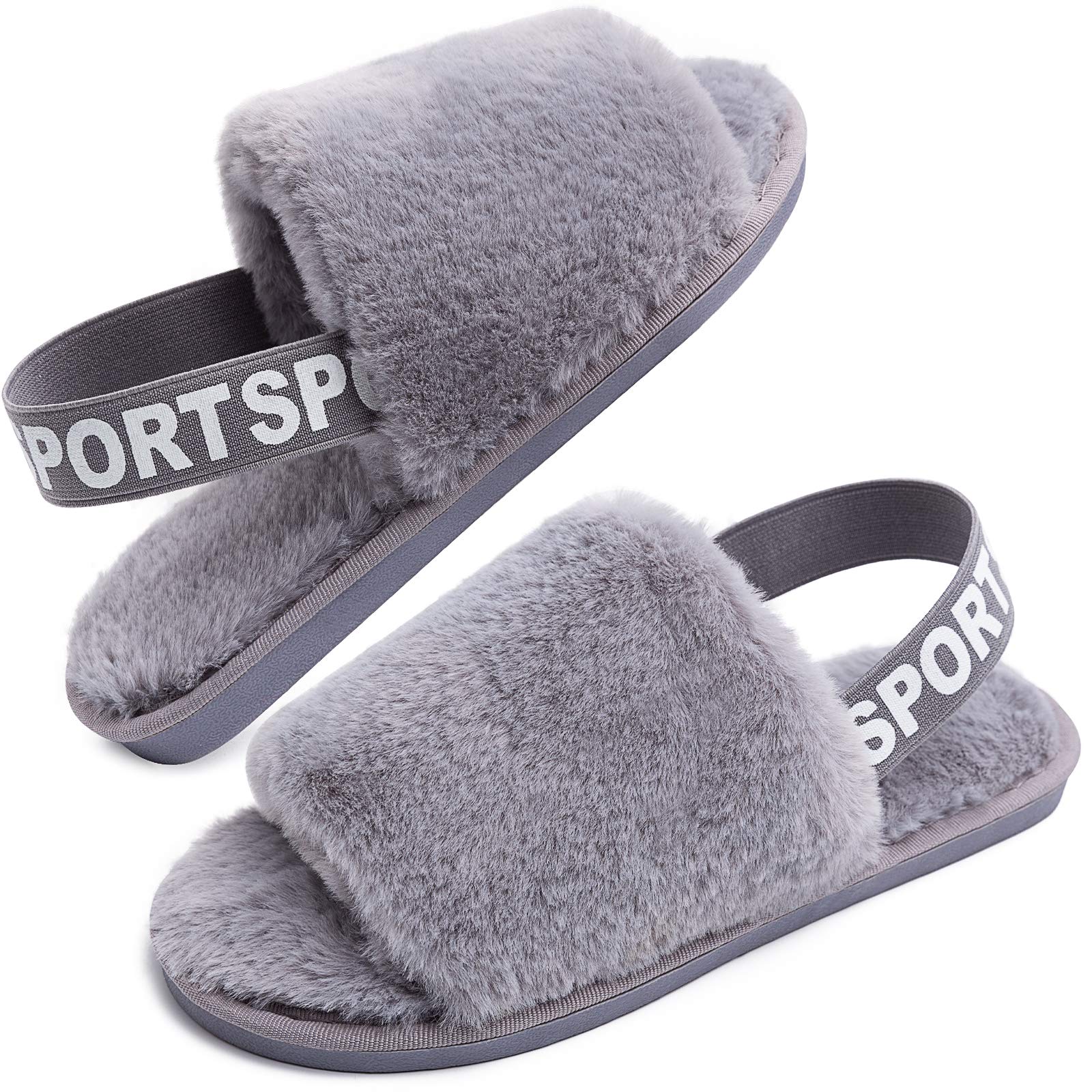 Womens Leopard Fuzzy Slippers Soft Plush Open Toe Faux Fur House Slide Sandals Indoor Spa Bedroom Flat Shoes with Elastic Strap