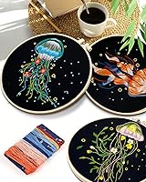 Vista 7 de TINDTOP Kit de bordado para adultos, 5 juegos Kit de bordado de medusas para principiantes, incluye aros de tela para bordar, hilos para amantes