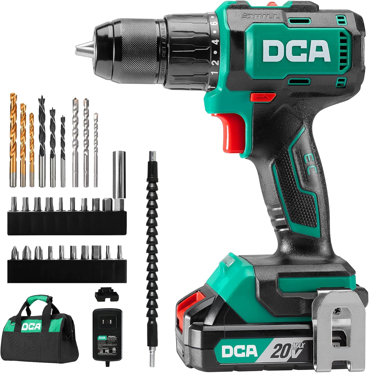 DCA 20V Brushless Hammer Drill Cordless, 492 in-lb Torque Impact Drill, 1/2″ All-Metal Keyless Chuck,18+1+1, (0-450/0-1800RPM), 27000 IPM, Compact Design with 2.0Ah Battery & Charger,ADJZ2055i