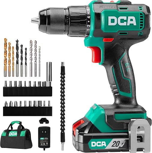 DCA 20V Brushless Hammer Drill Cordless, 492 in-lb Torque Impact Drill, 1/2" All-Metal Keyless Chuck,18+1+1, (0-450/0-1800RPM), 27000 IPM, Compact Design with 2.0Ah Battery & Charger,ADJZ2055i