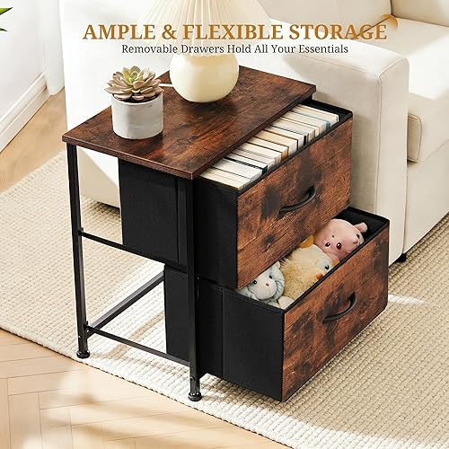 Miniatura 6 de Mesita de noche, mueble de almacenamiento de 2 cajones, cómoda pequeña con 2 cajones, mesa auxiliar con tela para dormitorio, armario, entrada,