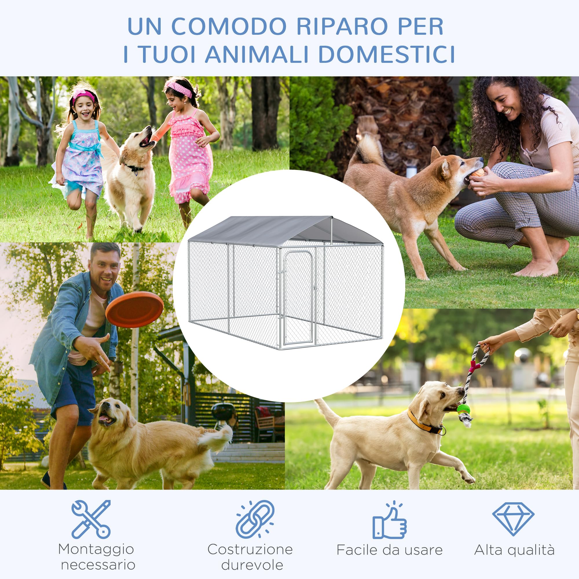 PawHut Kennel per Cani in Metallo Galvanizzato con Tettuccio in Tessuto Oxford, 400x230x232cm, Argento