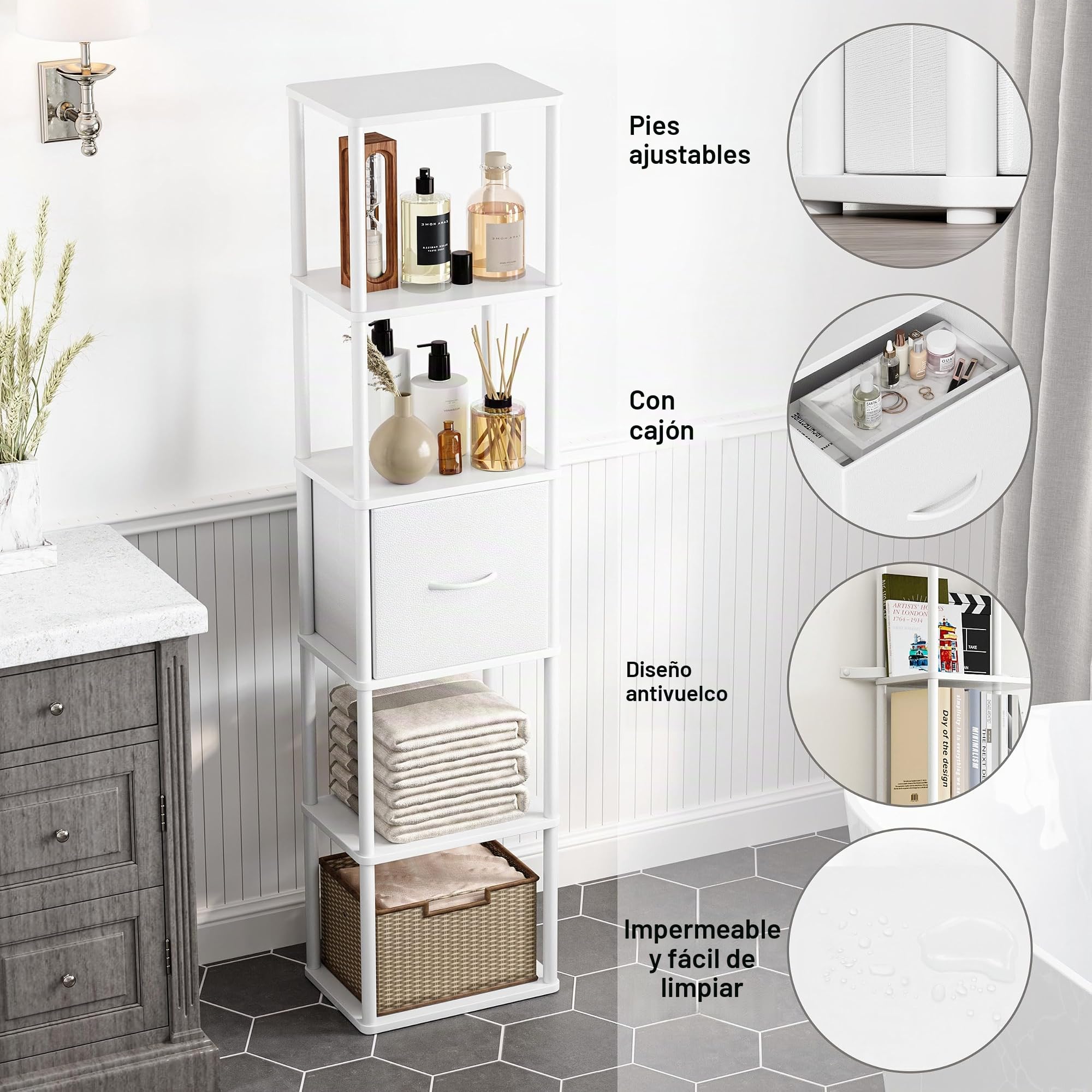 Estantería Estrecha Alta de Estilo Moderno Estantería Librería de Madera y Metal Estante con 1 Cajón Mueble Esquinero de 6 Niveles para Salón y Home Office Blanco HBC505W