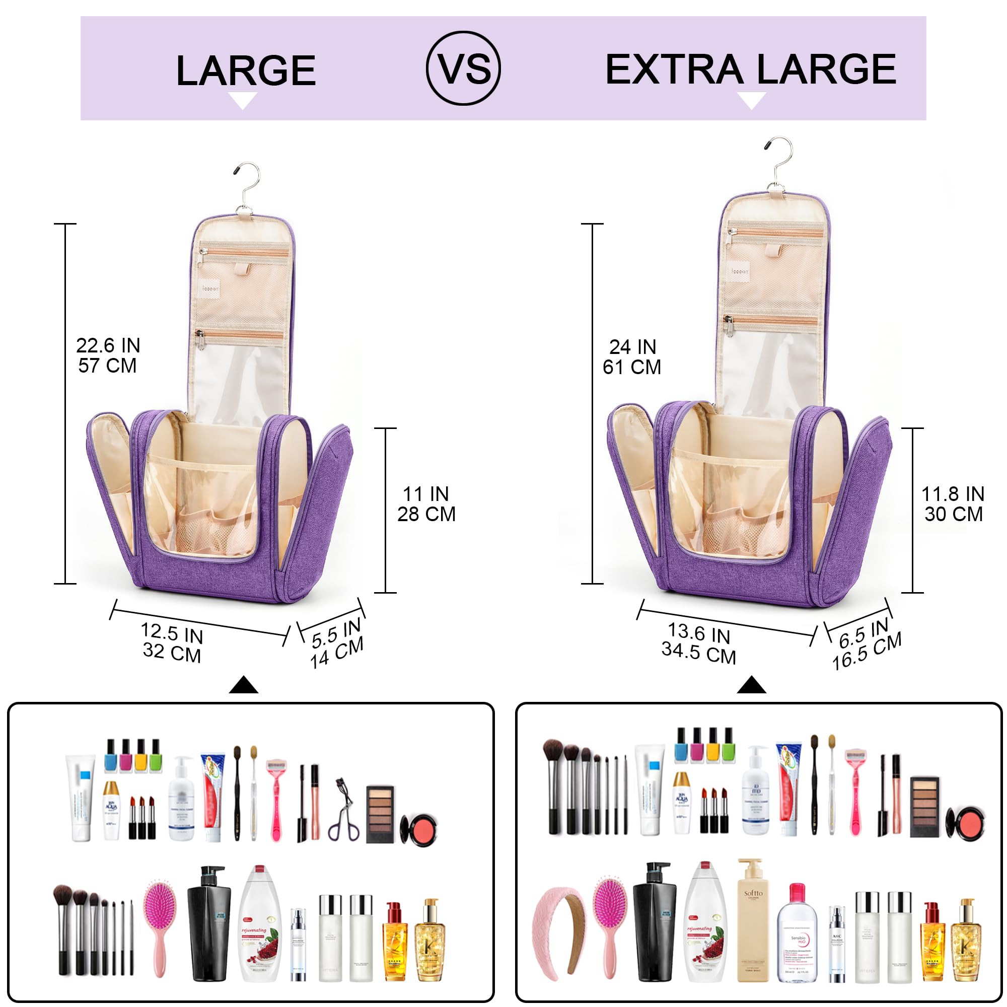 COOSKY Extra große hängende Reise-Kulturbeutel für Damen und Herren, Hygienebeutel, Badezimmer- und Dusch-Organizer-Set mit Gummiband-Haltern für Toilettenartikel, Kosmetik, Make-up, Pinsel, F