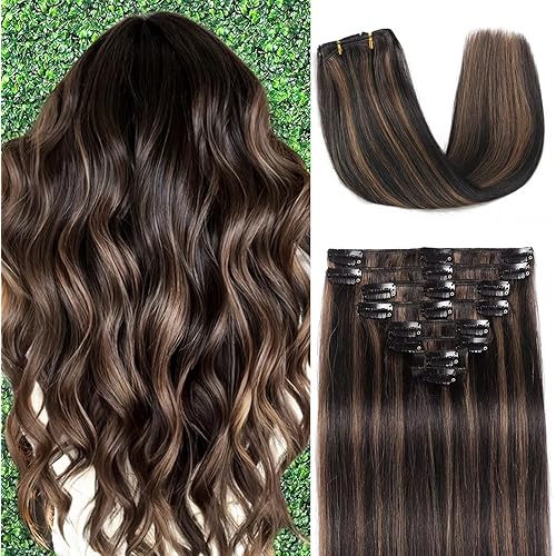 Clip in Hair Extensions Real Human Hair 18 inch 100g/3.6oz Straight Seamless Invisible Human hair Extensions Clip ins for Women Double Weft 8pcs Balayage Black Brown Highlight Chestnut Brown