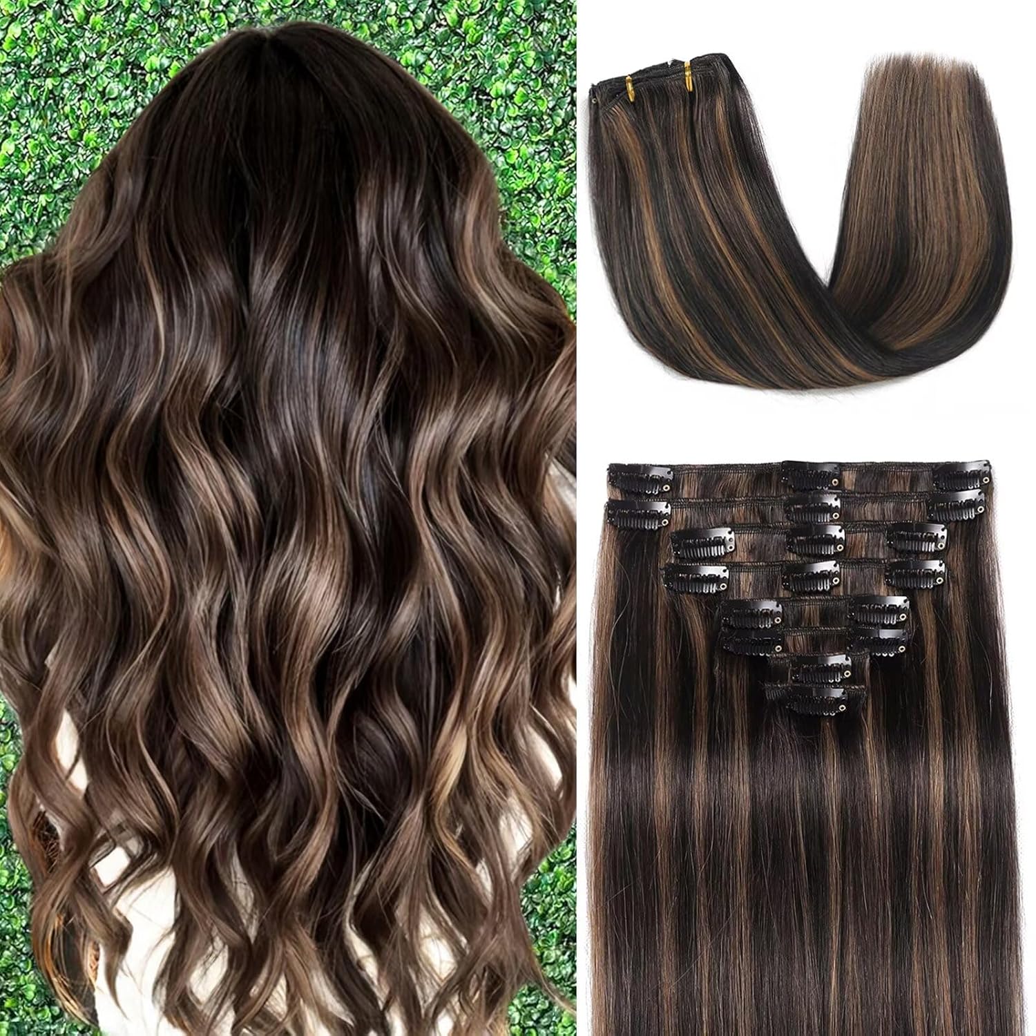 Clip in Hair Extensions Real Human Hair 18 inch 100g/3.6oz Straight Seamless Invisible Human hair Extensions Clip ins for Women Double Weft 8pcs Balayage Black Brown Highlight Chestnut Brown