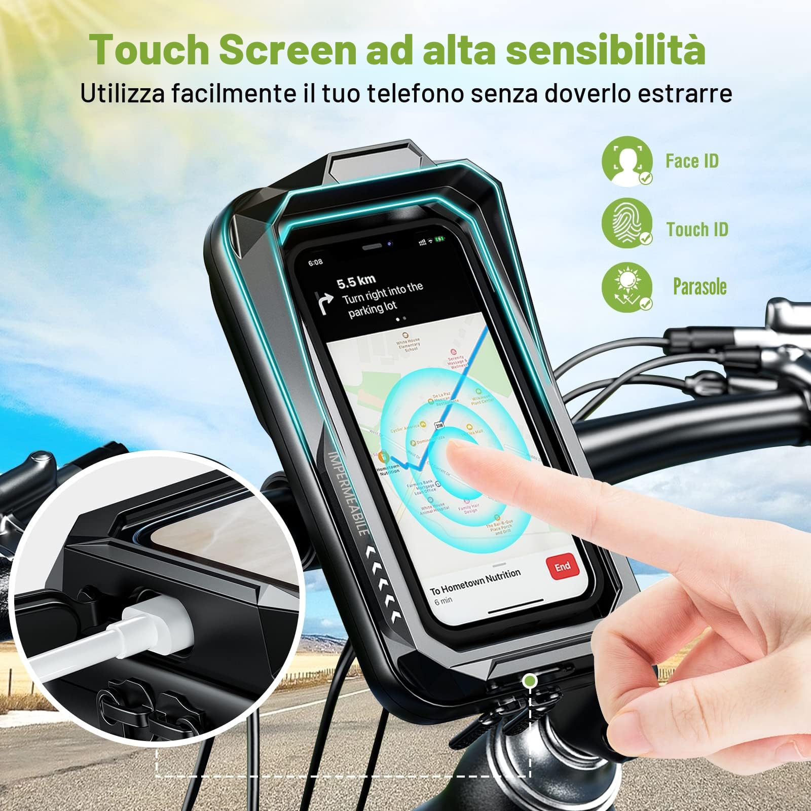 Porta Cellulare Impermeabile, Supporto Telefono Antivibrazione Moto, Scooter con Touch Screen Rotazione di 360° per Smartphone 4.7" a 7.0"