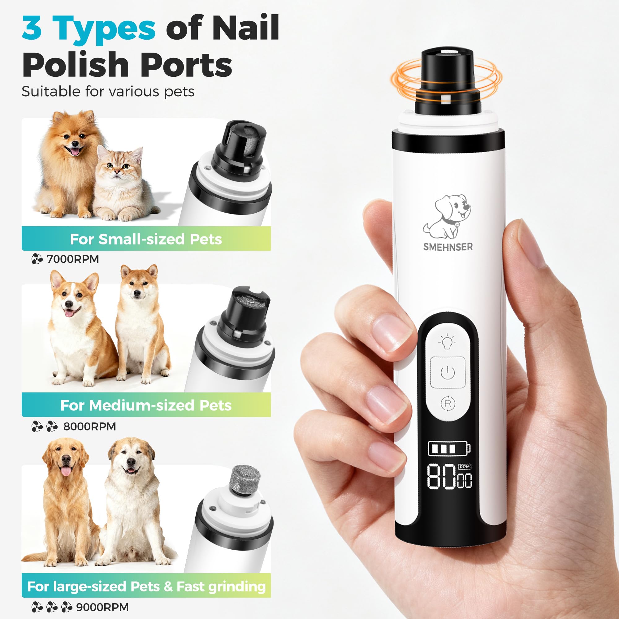 Molinillo de uñas silencioso mejorado, molinillo de uñas inalámbrico profesional con 3 velocidades ajustables y luz LED, aseo de patas sin dolor para perros y gatos pequeños, medianos y grandes (2