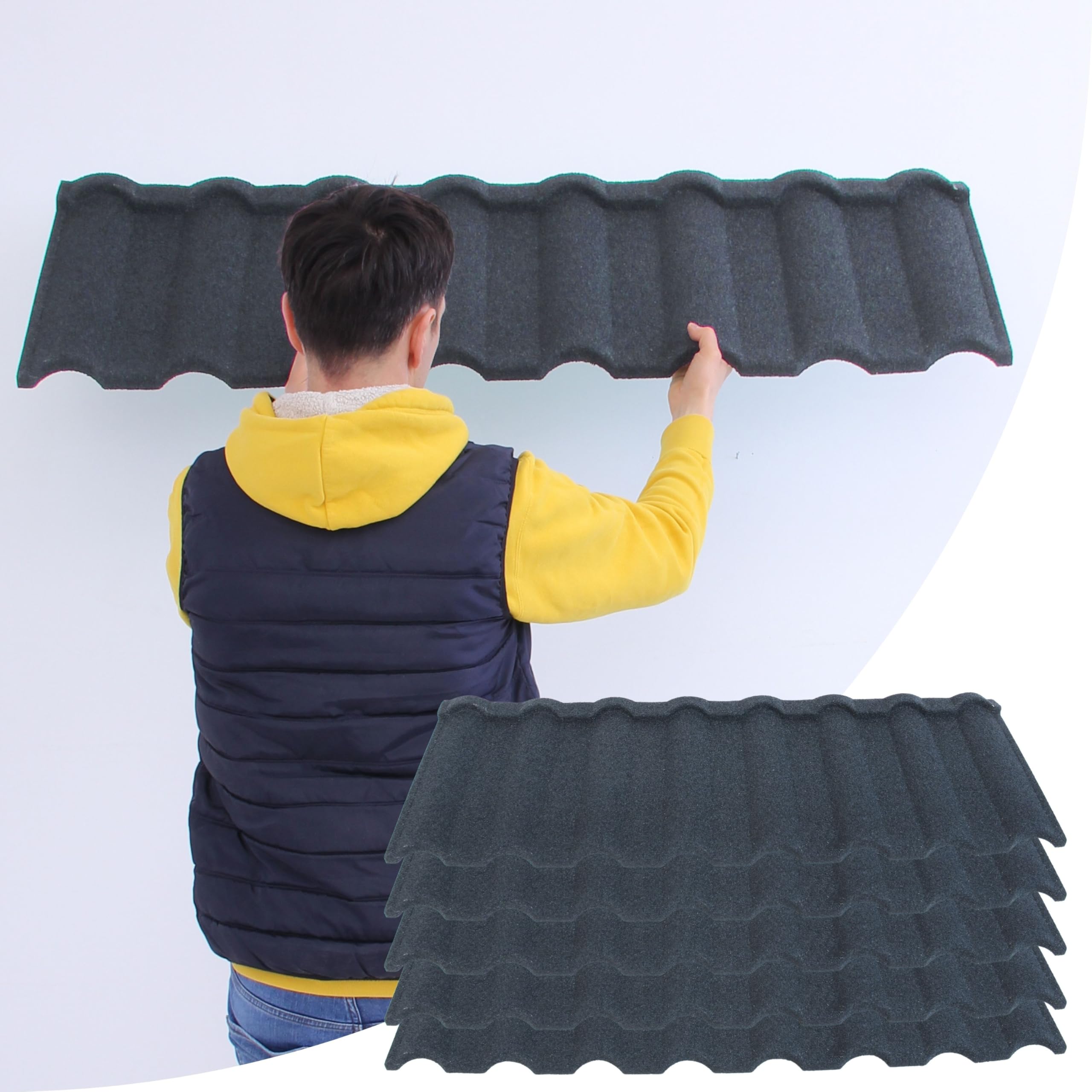 Metal Roof Shingles – Pack of 15 Pcs Covers 88.5 sq ft (7.11 sqm) - Corrugated Roofing Tiles - 2mm Thick Galvanised Zinc Stone Coated Sheets, For Homes, Sheds, Canopies with Sloped Roof in Graphite
