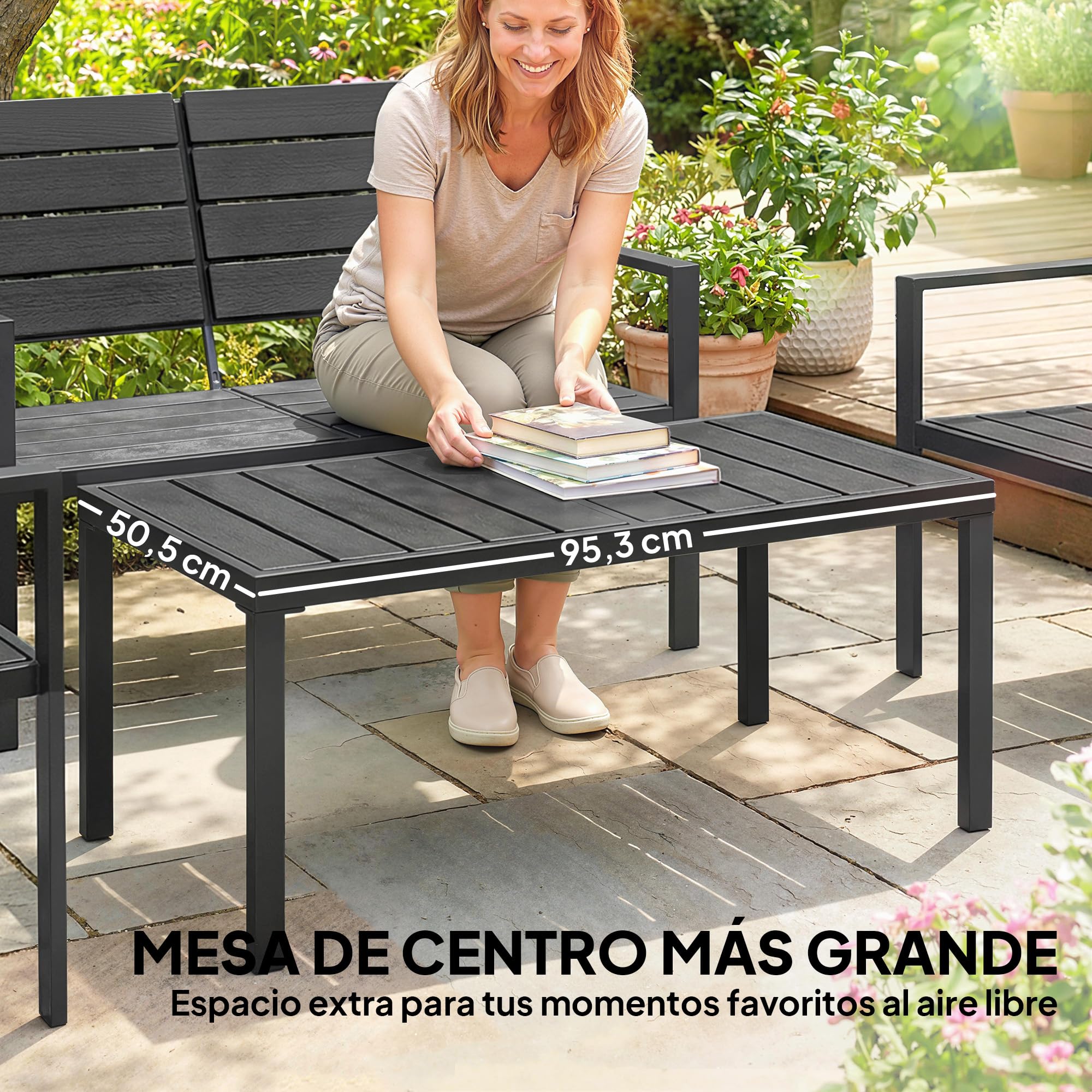 Outsunny Conjunto de Muebles de Jardín para 4 Personas, 4 Piezas, Negro | Sofá de Jardín, Sofá de 2 Plazas, 2 Sillones, Mesa de Centro, Estructura Metálica