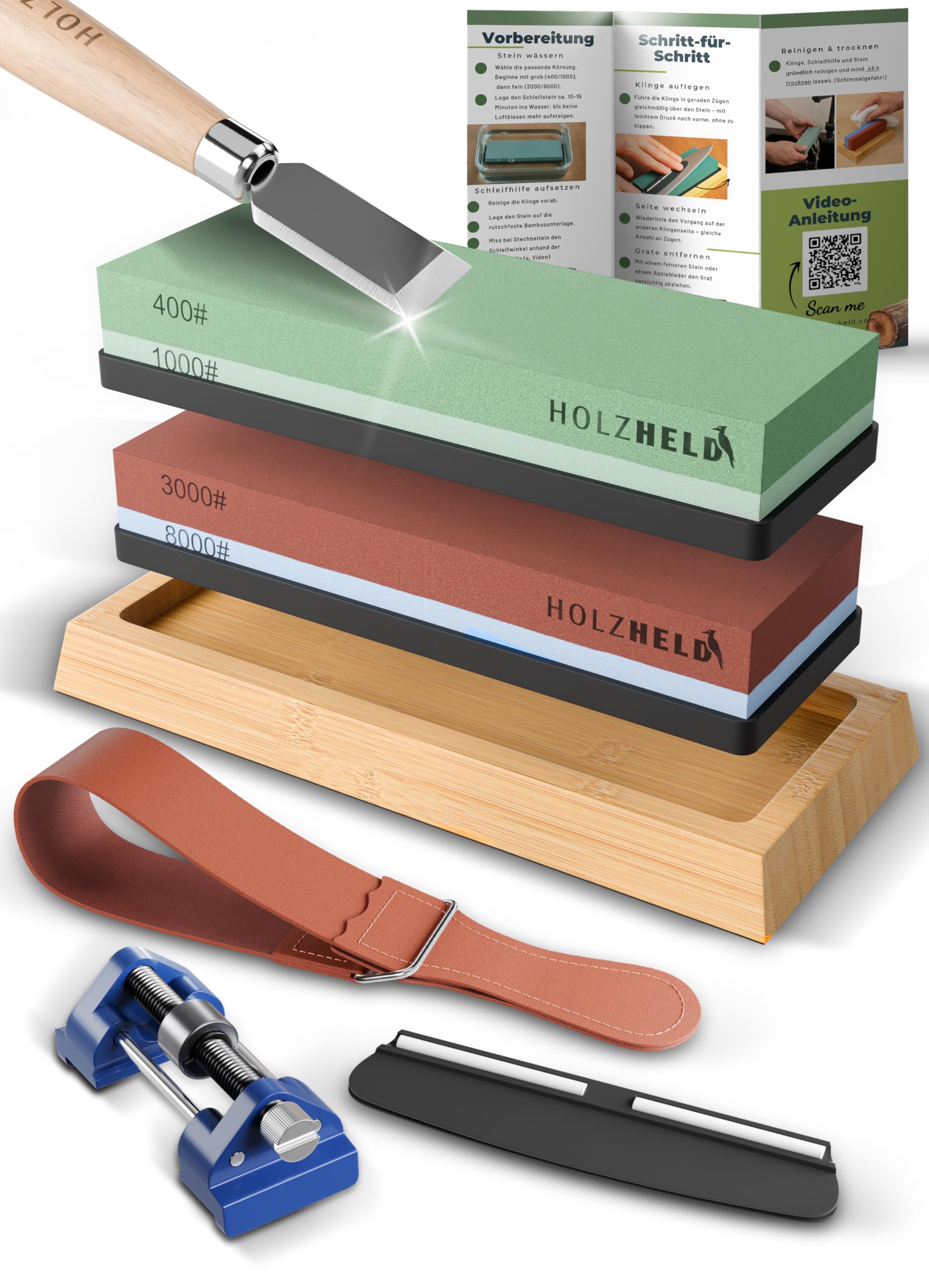 HOLZHELD Schleifstein - Schärfen von Messer, Werkzeug und Stechbeitel inkl. Schleifhilfe - Profi Messerschleifer mit Körnung 400, 1000, 3000, 8000 + Leder - Winkelhilfe für Stemmeisen und Beitel