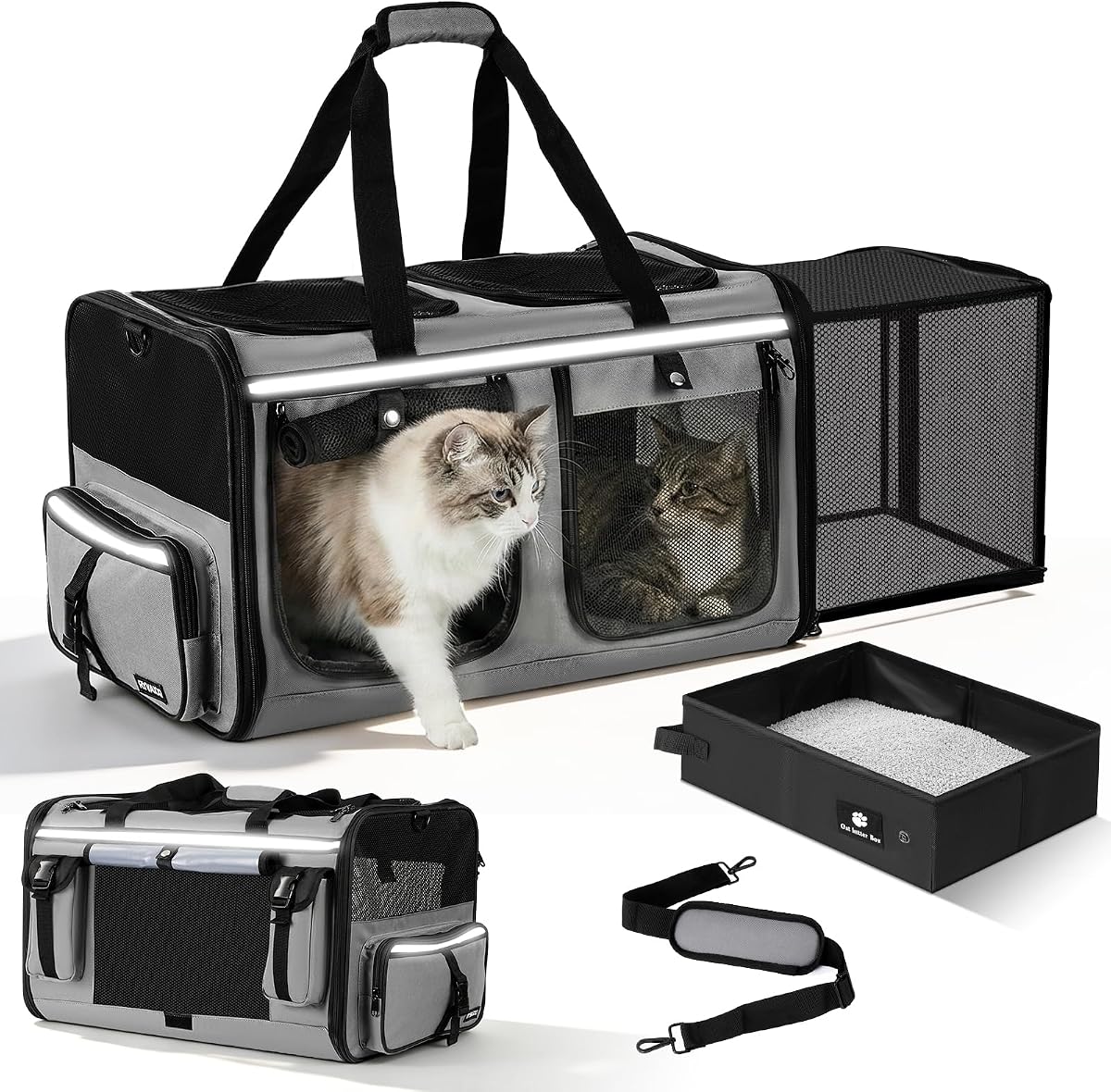 Expandable Extra Large Cat Carrier for 2 Cats with Litter Box | Double Cat Travel Carrier Bag Foldable Breathable Soft Sided Pet Dog Carrier with Divider for Car Travel, Outdoor & Vet Visit