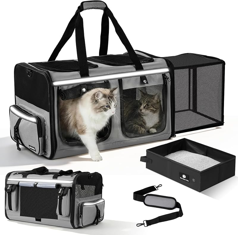 Expandable Extra Large Cat Carrier for 2 Cats with Litter Box | Double Cat Travel Carrier Bag Foldable Breathable Soft Sided Pet Dog Carrier with Divider for Car Travel, Outdoor & Vet Visit