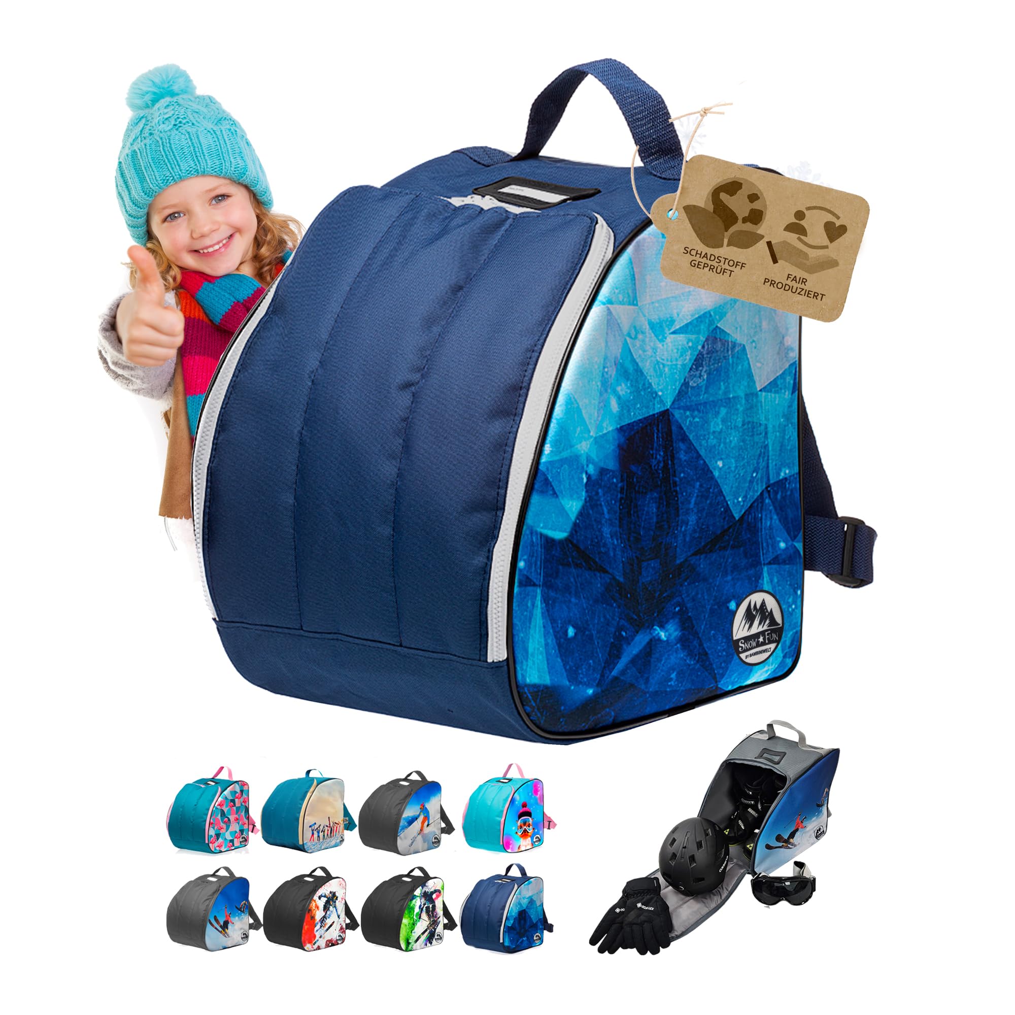 BambiniWelt by Rafael K. Kinder Skistiefeltasche [Ski-Schuh-Tasche für Kinder] Skiboots Rucksack integrierte Standfläche Platz für Boots Helm Skibrille Handschuhe Kinder-Skischuhrucksack