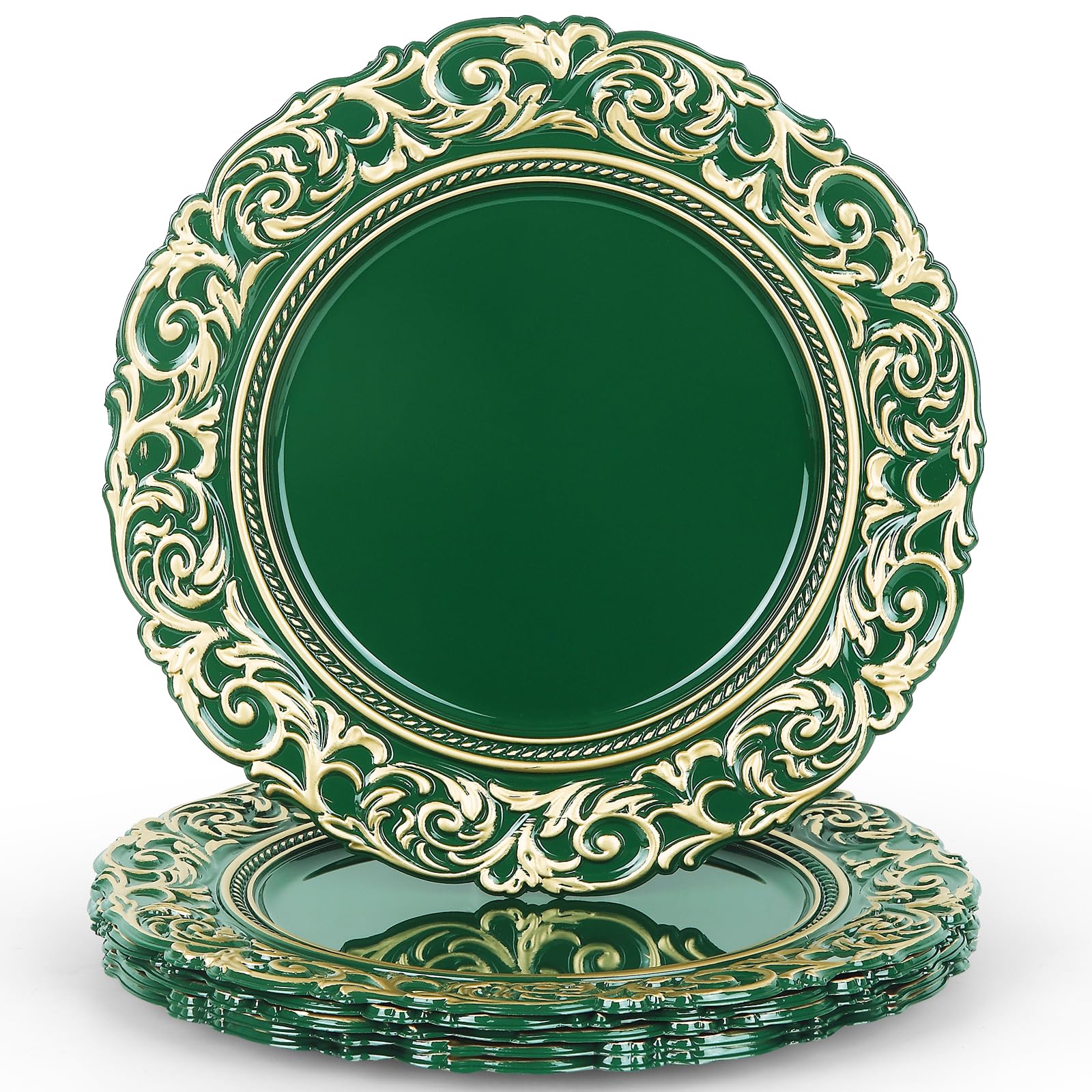 YXZHUOYU Antique Charger Plates, Set of 6 Plastic Embossed, Green Charger Plate, 13 Inch, Elegant Charger Plates, Plate Set, Decorative Chargers for