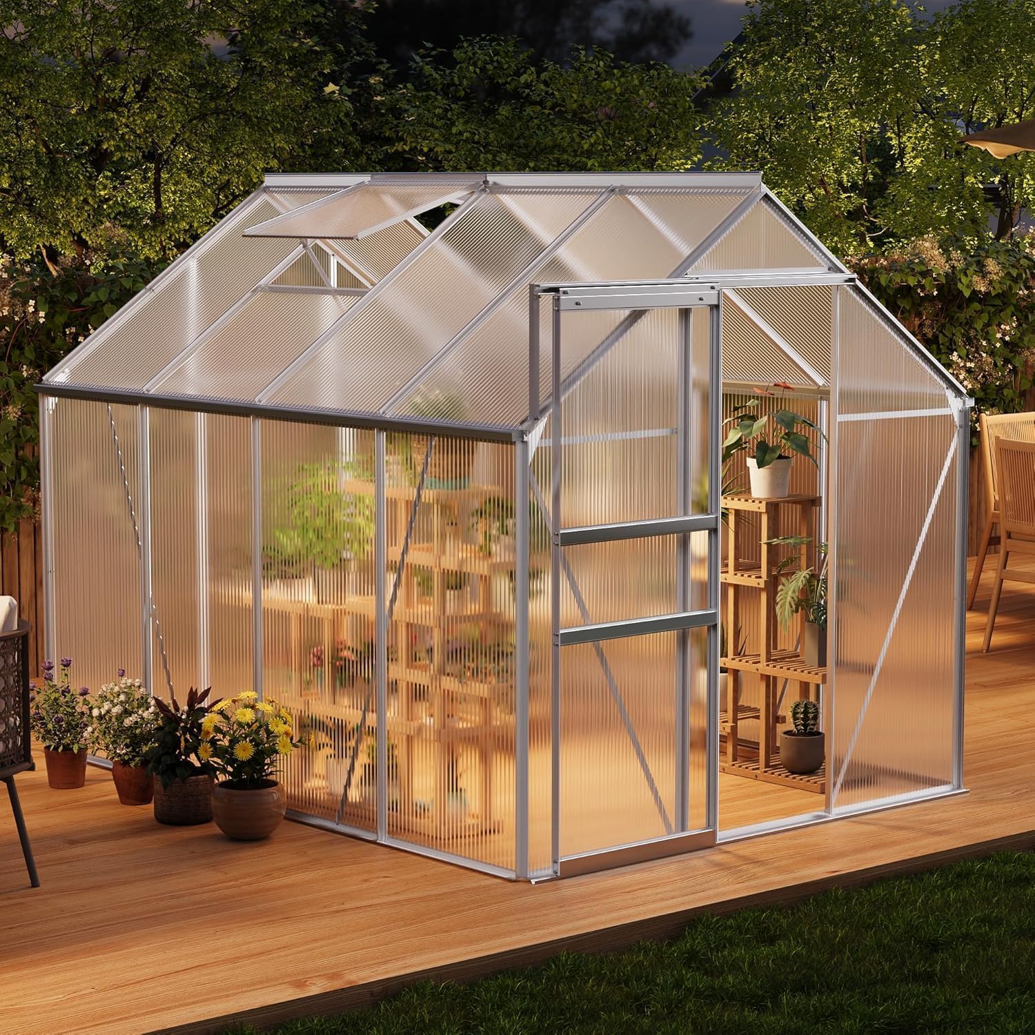 6x8 ft Outdoor Greenhouse, Heavy-Duty Large Walk in Polycarbonate Outdoor Greenhouse with Aluminum Frame, Sliding Door & Adjustable Roof Vent, for Backyard, Garden, Patio, for All Seasons, Black