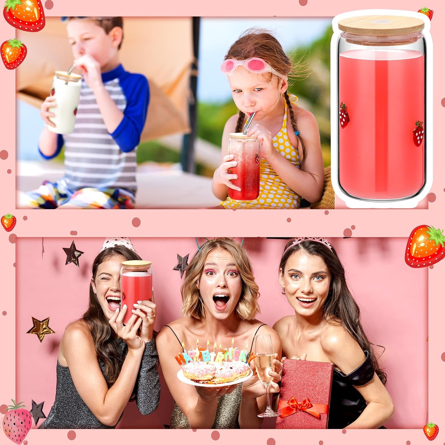 Meanplan 4 Pcs Strawberry Juice Glasses - 17 oz Strawberry Icon Glass Cups with Lid, Straw and Cleaning Brush, Tea Beer Coffee Soda Glassware for Valentines Day Party Favors Gifts - Image 6