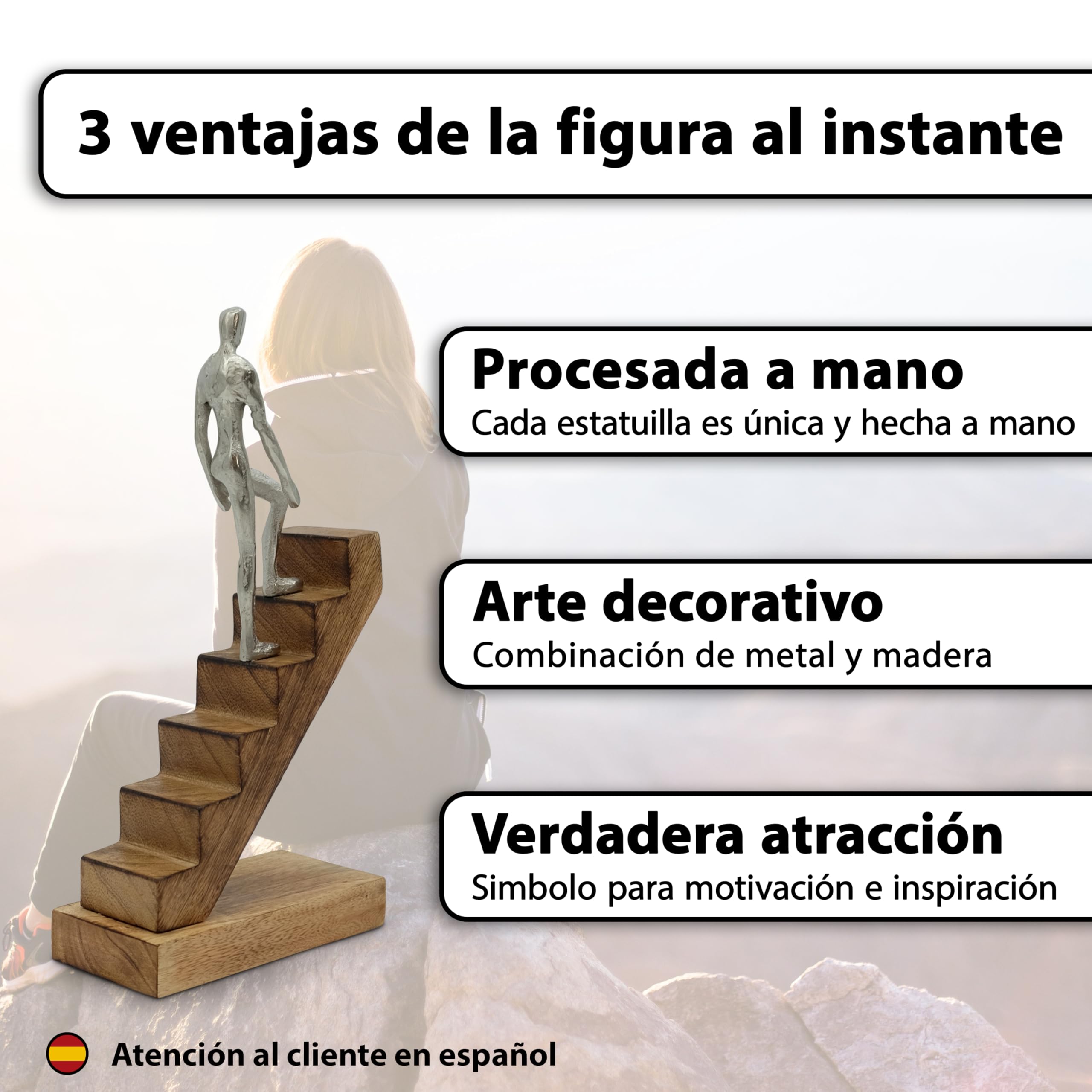 FeinKnick escultura decorativa «Top of The Rock» figura motivacional de 29 cm como símbolo de éxito e inspiración, moderna de madera y metal como estatua para decoración de salón, escritorio y oficina