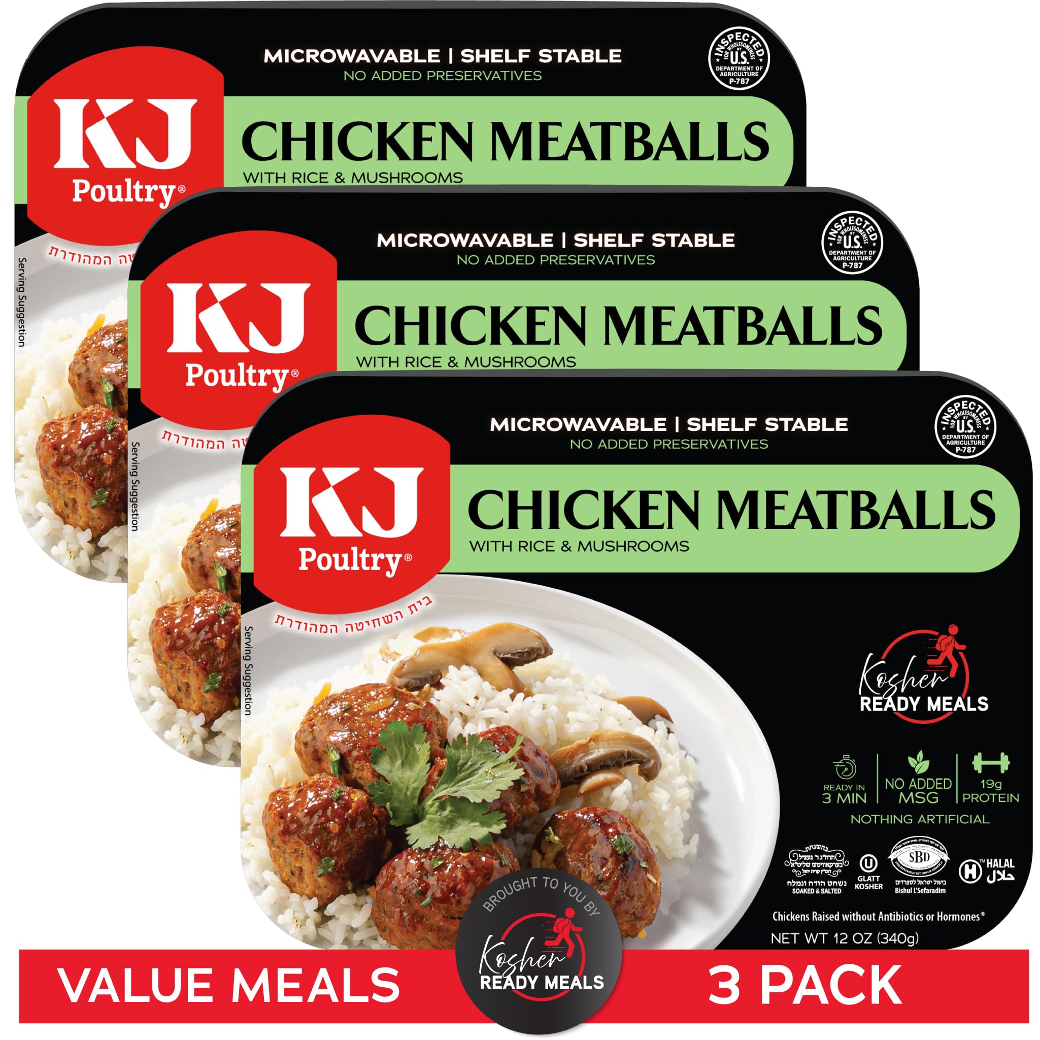Kosher Chicken Meat Balls & Mushrooms, MRE Meat Meals Ready to Eat (3 Pack) Prepared Entree Fully Cooked, Shelf Stable Microwave Dinner - Travel, Military, Camping, Emergency Survival Protein Food