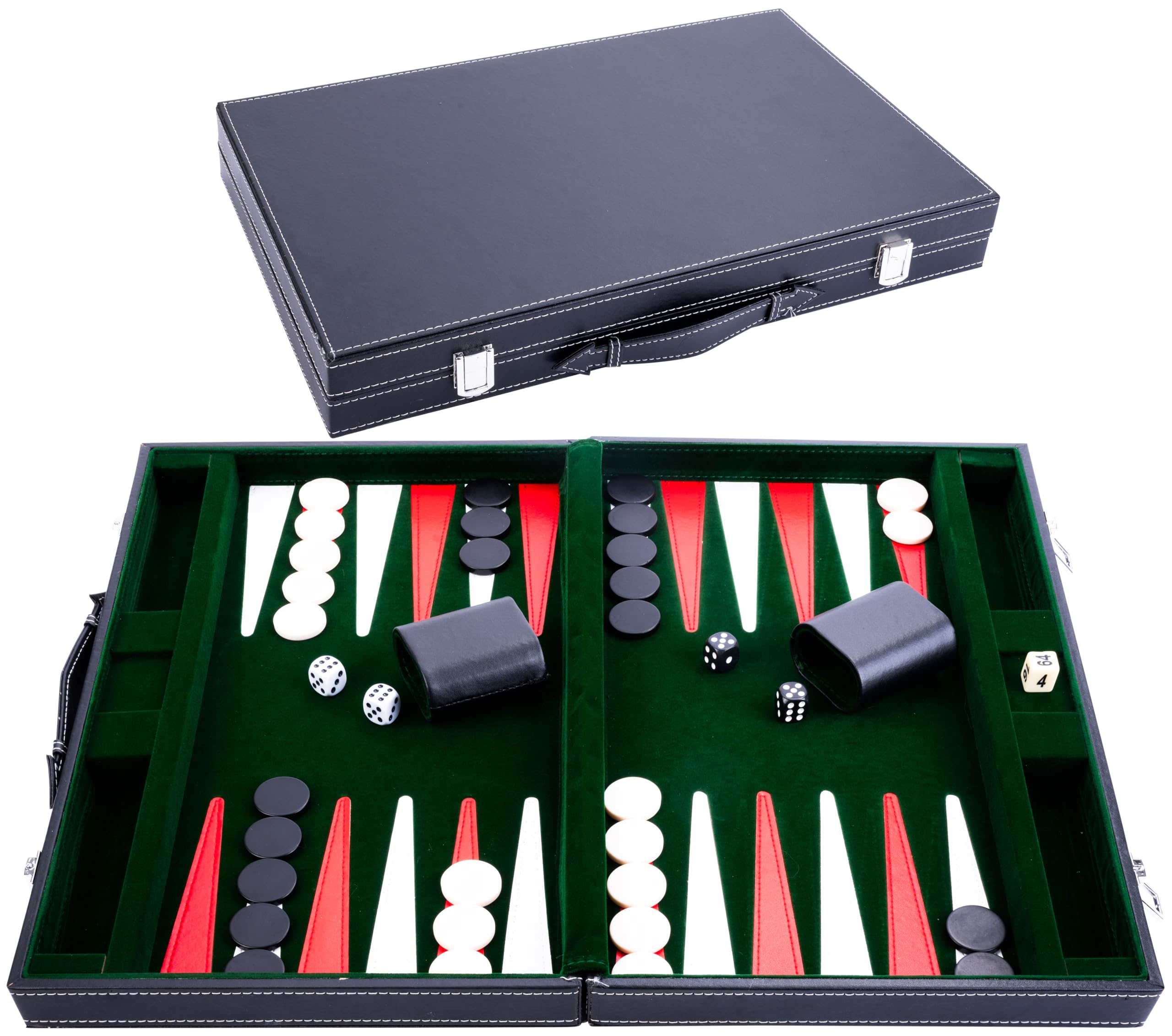 Engelhart 250518 – Backgammon Deluxe 18” (45.5 cm) Tablero pespunteado – Maletín Negro de Cuero sintético con asa – Verde, Rojo, Blanco – Juego portátil 2 Jugadores.