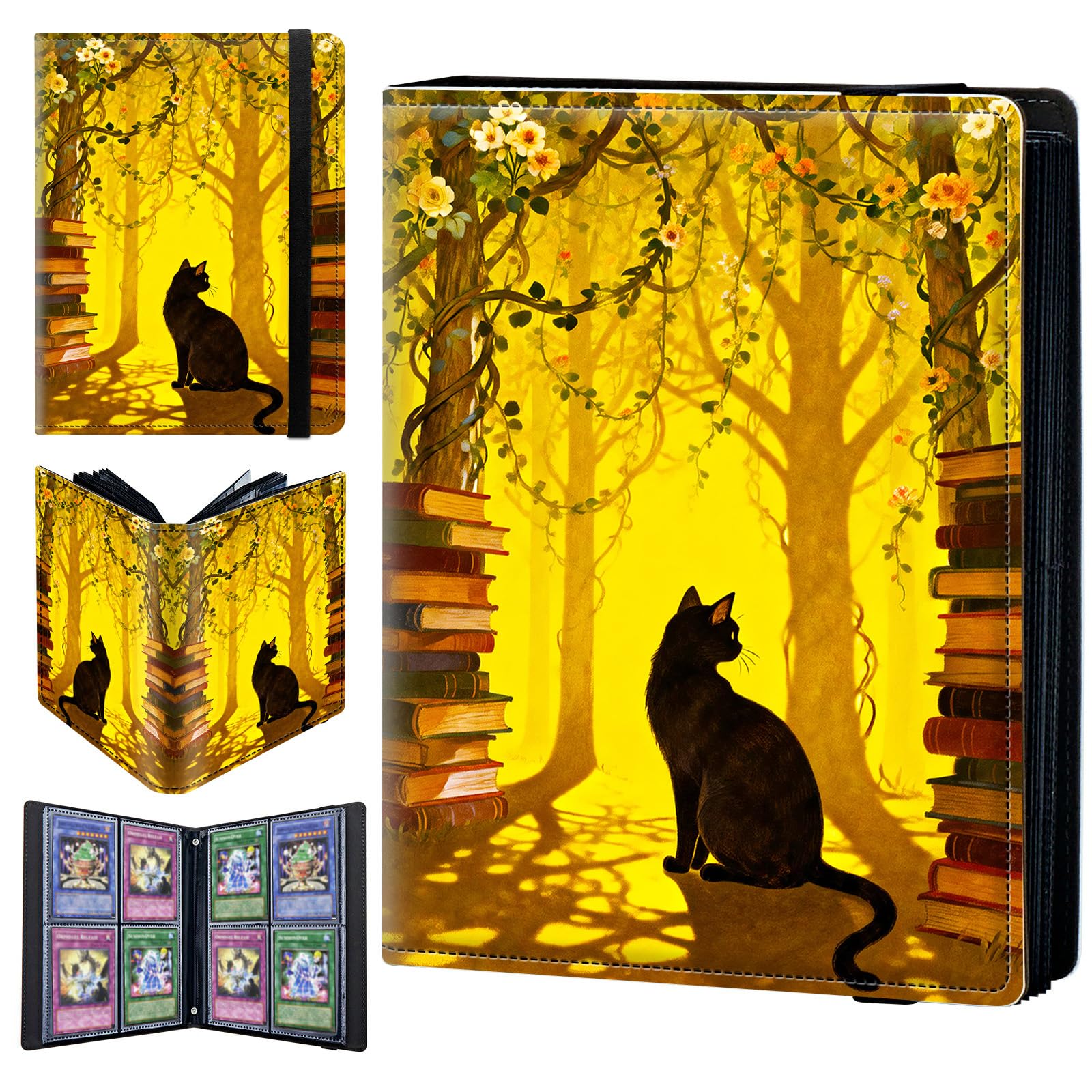 4 Pocket Trading Card Binder 240 Side Loading Pocket Album with Book Forest Cat Pattern Design Card Binder for Sports Cards & Game Cards