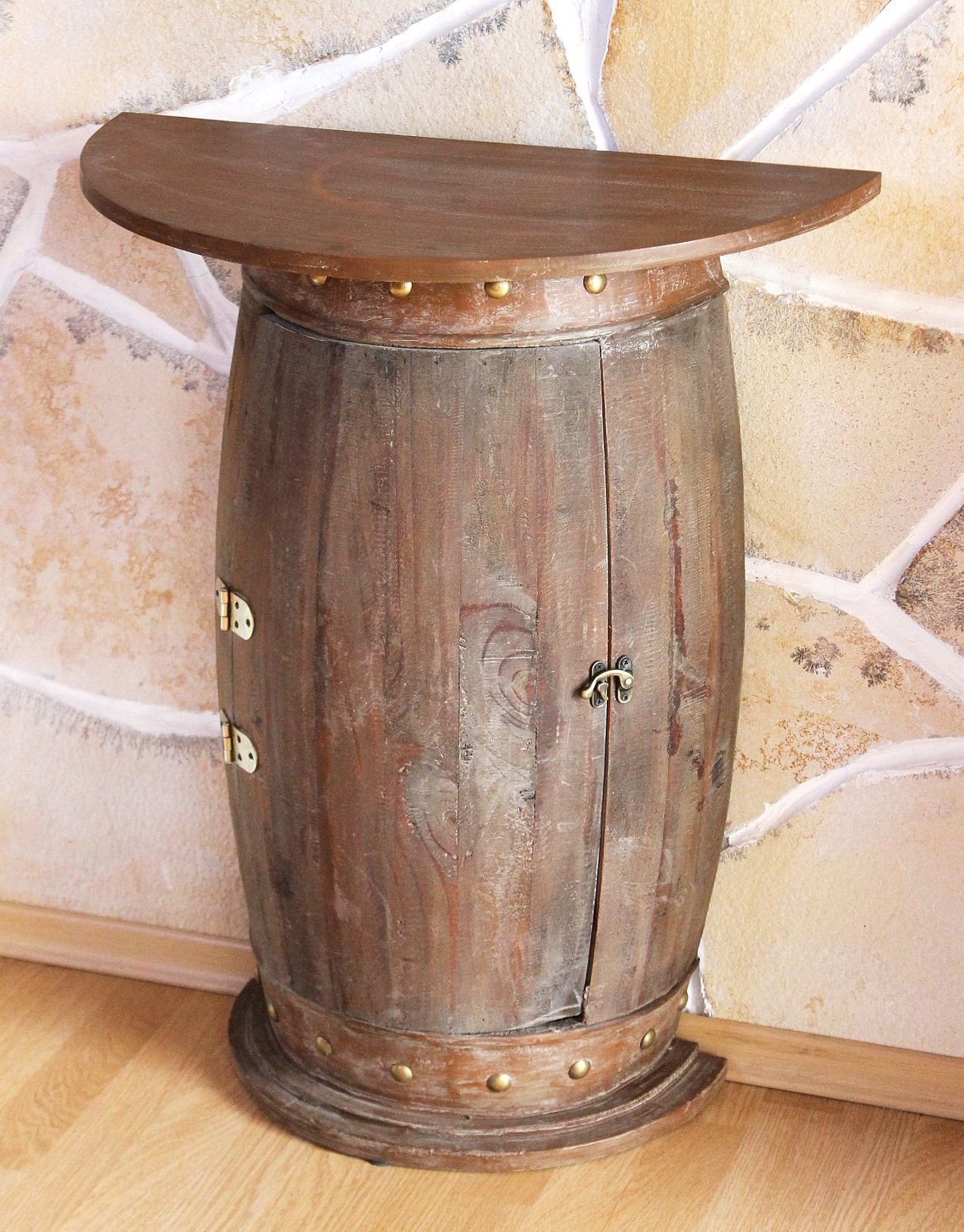 DanDiBo Wandtisch halbrund Tisch Weinregal Weinfass 0373-R Braun Schrank Fass aus Holz 73 cm Beistelltisch Konsole Wandkonsole Bar