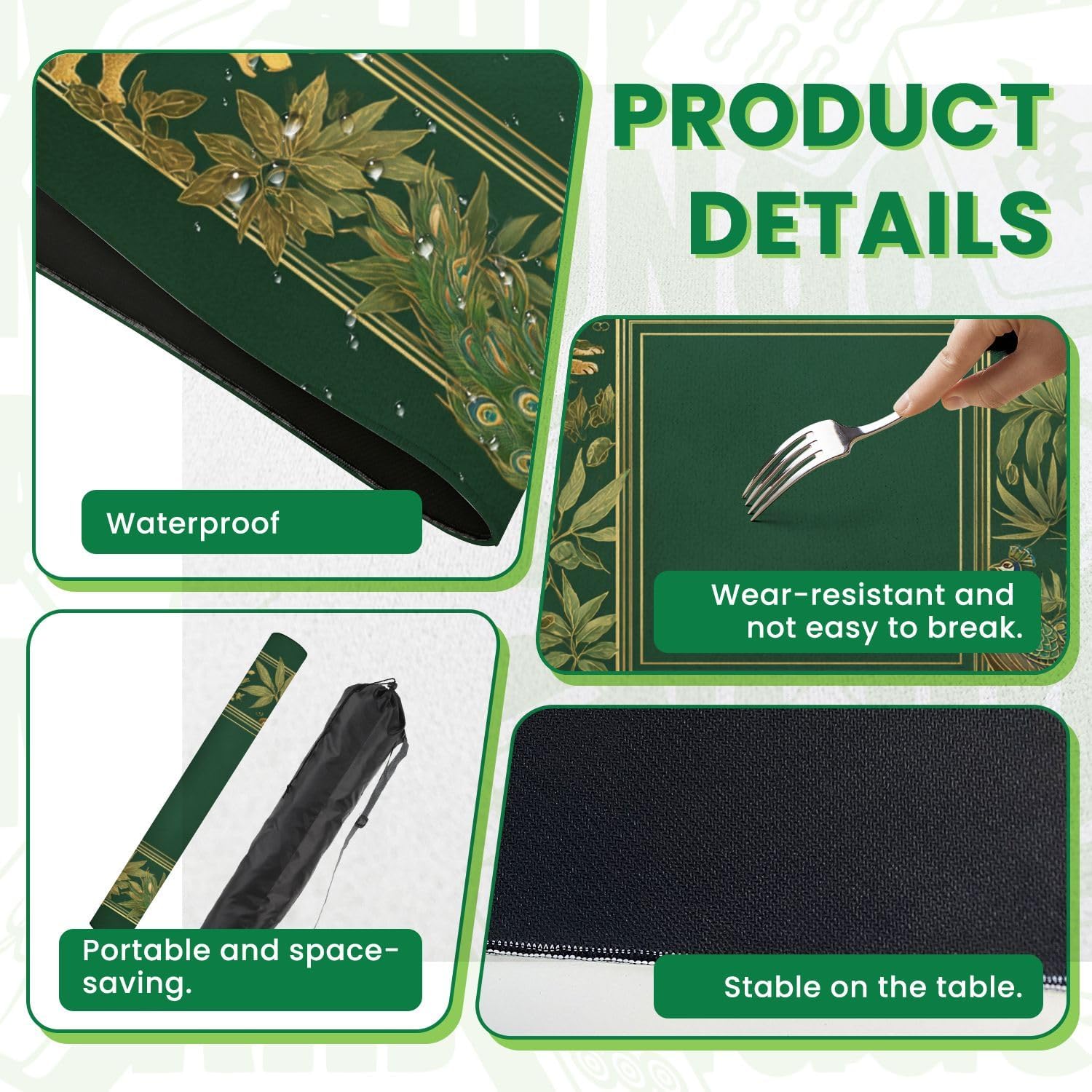 Mahjong Mat for Table Tropical Jungle Wildlife Tiger Leopard Peacock Golden Frame 31.5"x31.5" Non-Slip Noise Reduction American Mahjong Table Cloth for Poker Card Dominoes Tile Games Gifts