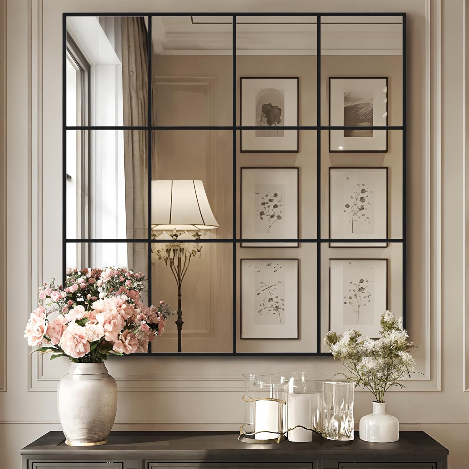 Antok Decorative Mirrors for Wall Decor, 36" x 36" Decorative Wall Mirror Black Window Mirrors Wall Mounted Decorative Mirror for Living Room Dining Room Hallway Entryway，Black,Retro Rect Style