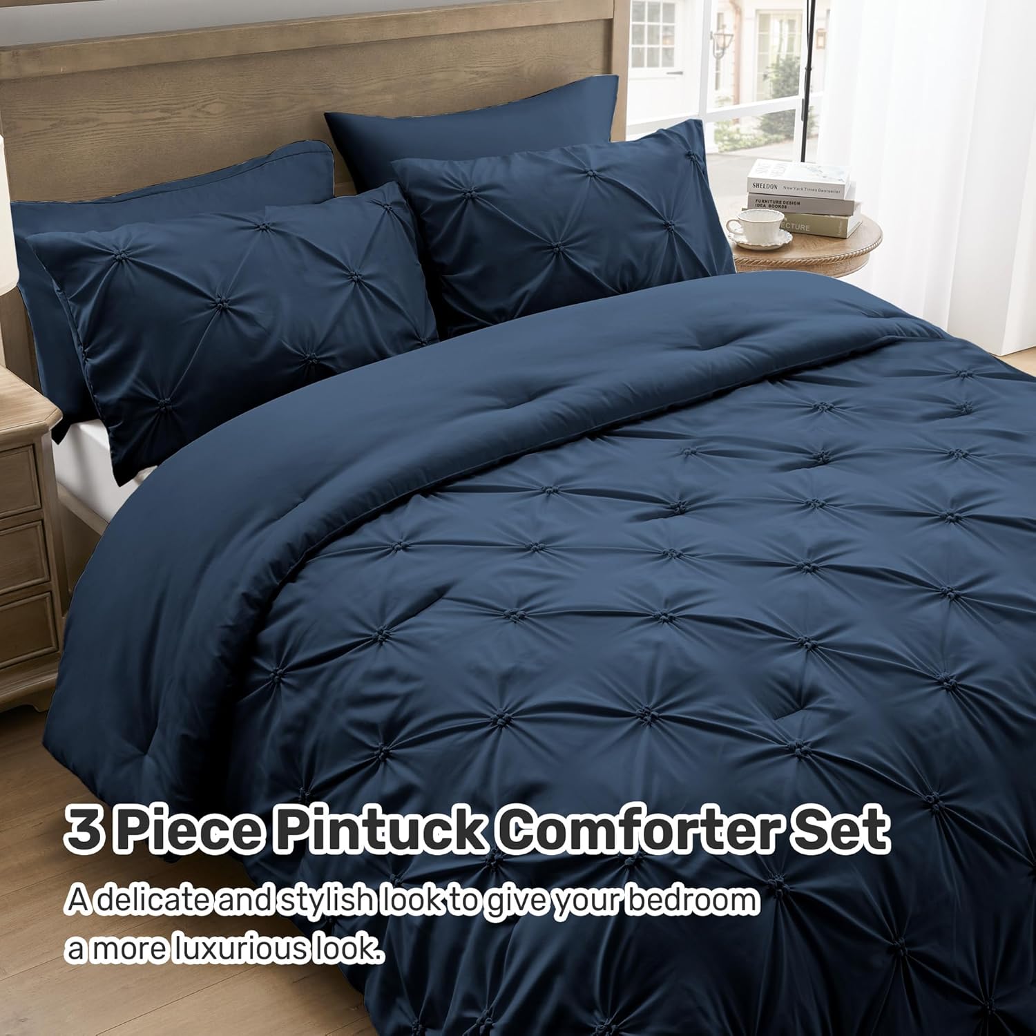 UNIKOME Queen Comforter Set Navy/Royal Blue - Ultra Soft Boho Pintuck Down Alternative Bedding Set for All Seasons, 3 Pieces Lightweight Warm Pinch Pleat Bed Set with Comforter, 2 Pillowcases - Image 5