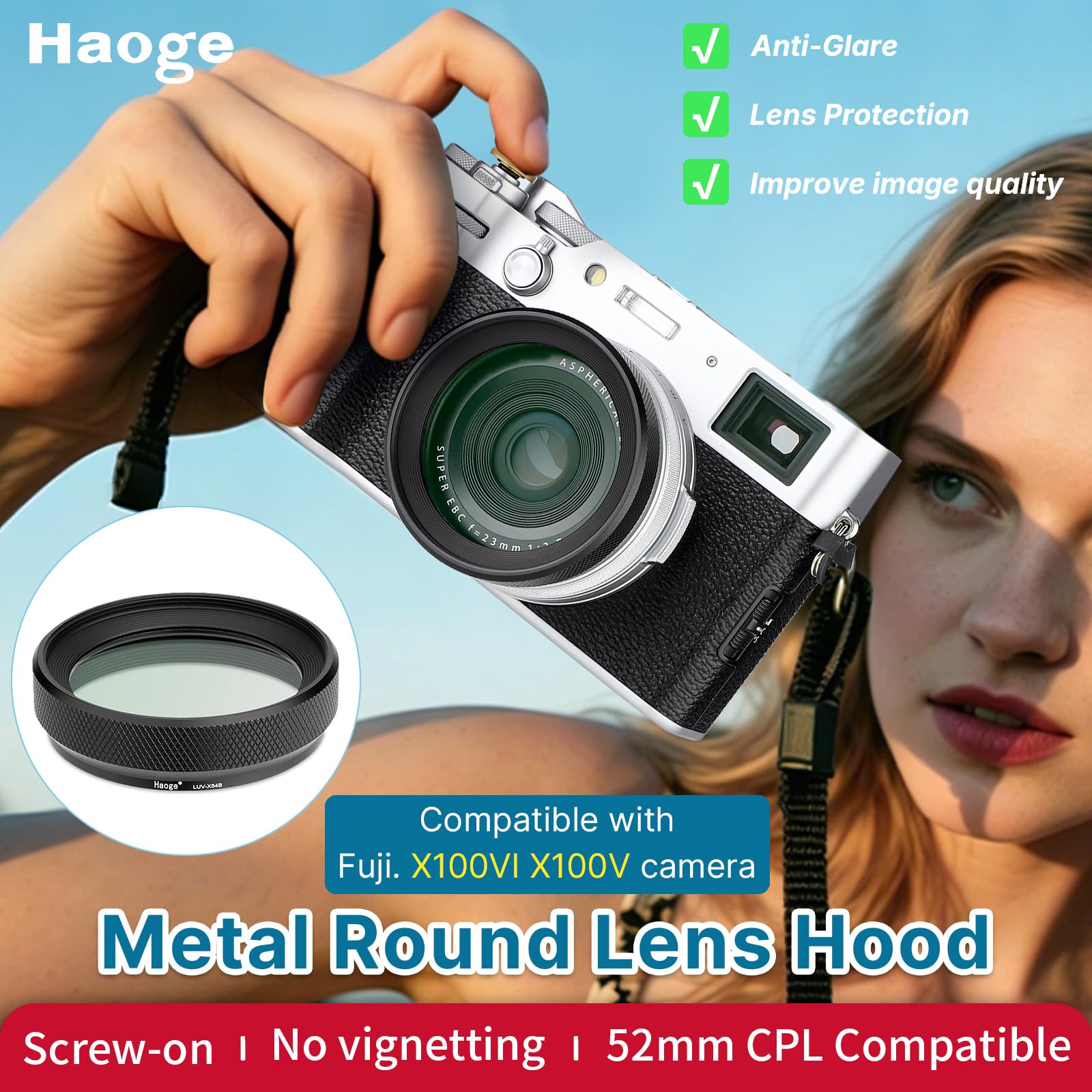 Paraluce In Metallo Haoge LUV-X100B Con Filtro UV MC Per Fujifilm X100F/X100T/X100S/X100/X70