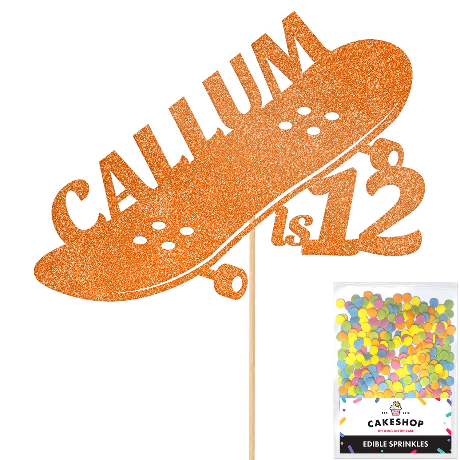 Personalised Skateboard Skater Glitter Cake Topper- Copper Orange Any Custom Age & Name Glitter Cake Decoration and Sprinkles - Happy Birthday Decorations - Personalised Toppers for Cakes by Cakeshop โ image 1