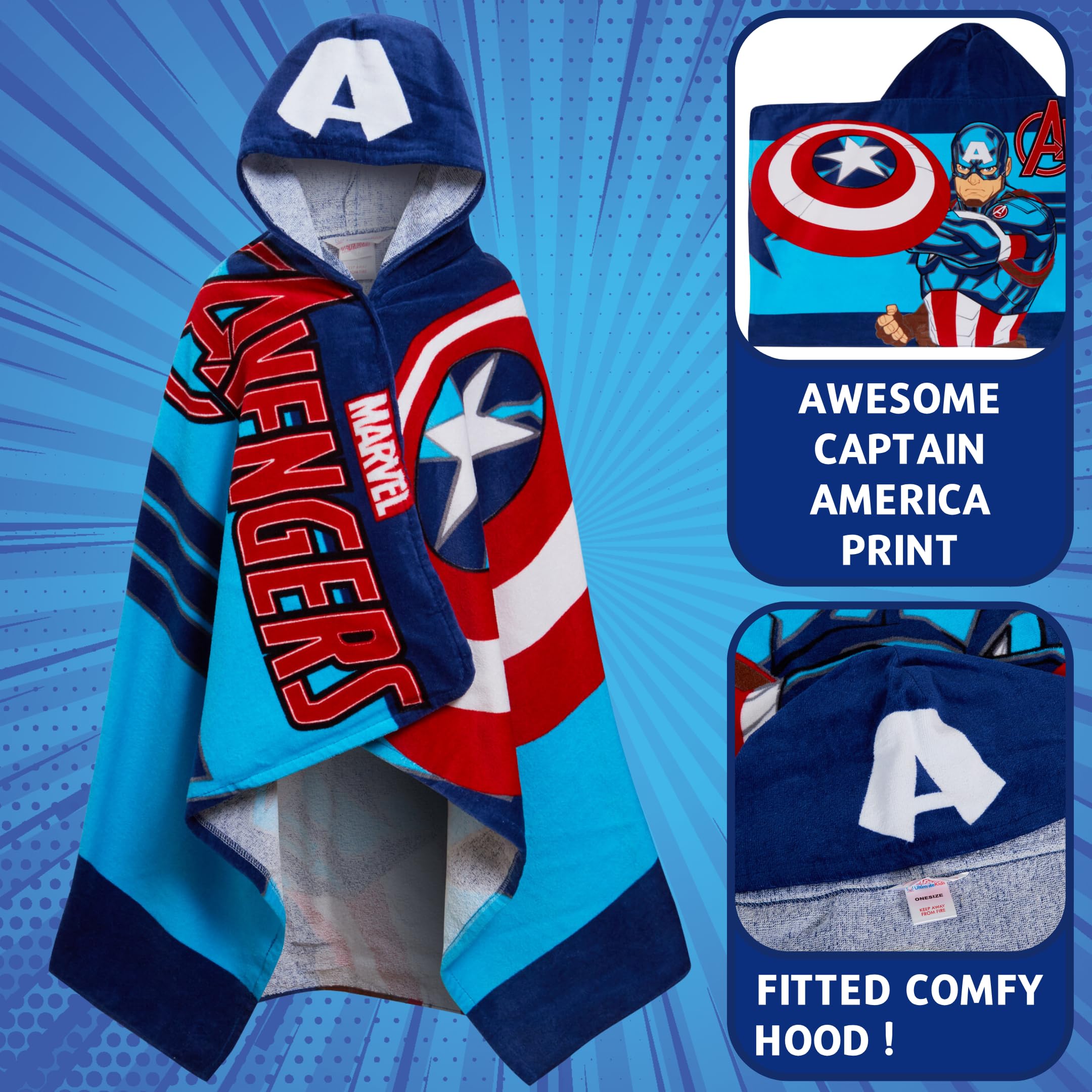 Asciugamano con cappuccio Captain America 100% cotone Marvel Avengers Poncho Asciugamano da spiaggia per bambini Accappatoio da bagno Copertura da nuoto per ragazzi
