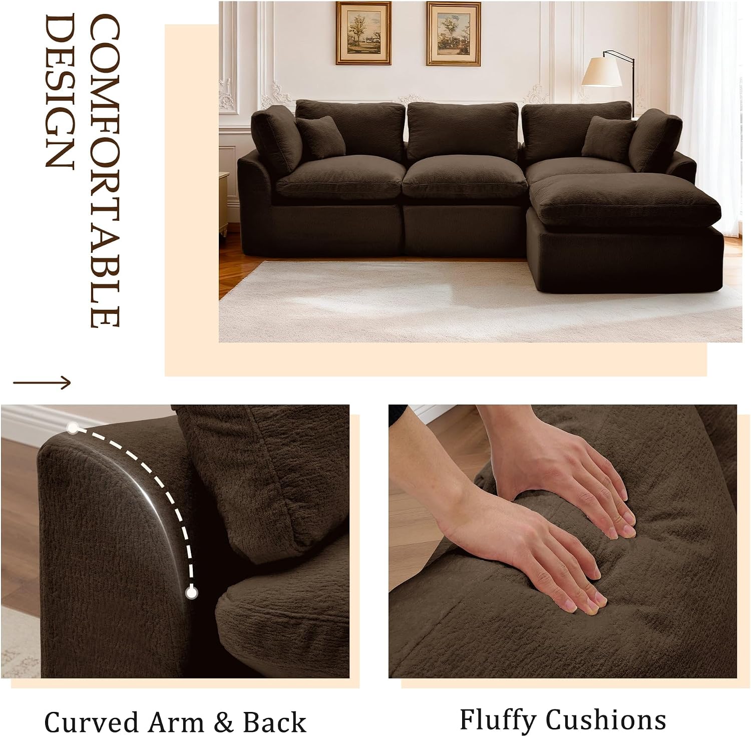 Korser 112" Cloud Sectional Boneless Couches for Living Room, Modern Modular Sectional Sofa with Ottoman, Cloud Couch with Comfy Deep Seats, Fluffy Velvet L-Shape Sofa Couch for Living Room, Brown thumbnail