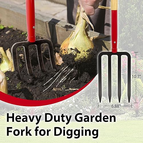 Miniatura 3 de Tenedor de jardín resistente para excavar, tenedor de 4 dientes para abono de jardinería, tenedor de jardín con mango de madera, 45 pulgadas