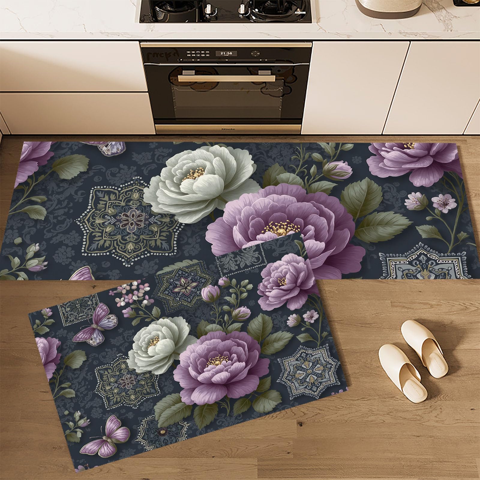 Tapetes de cocina para pasillos con estampado tradicional de flores y mandalas