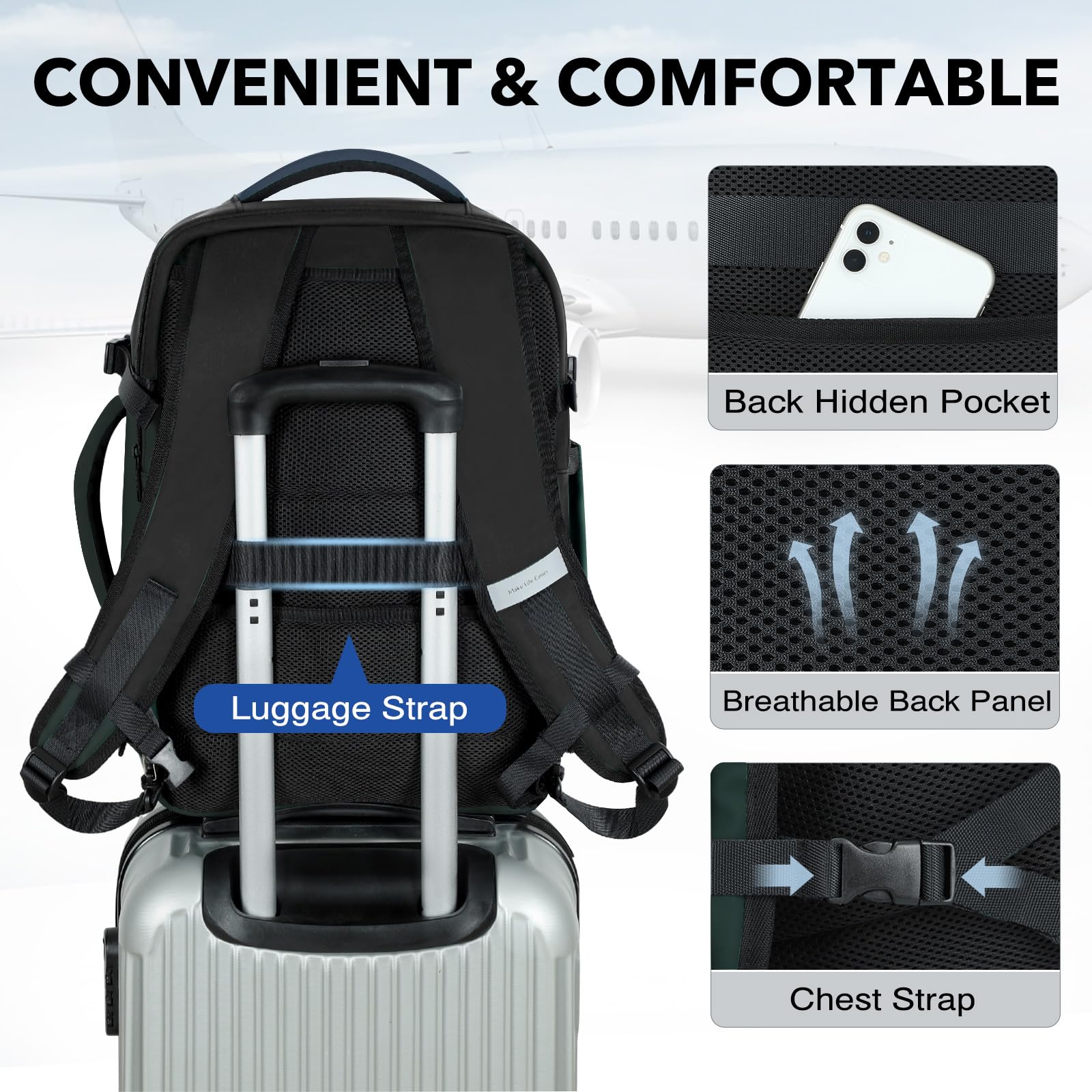 Lekeinchi Zaino per Ryanair 40x20x25 (20L), Zaino da Viaggio Aereo Bagaglio a Mano, Borsa da Cabina con 3 Borse Organizer, Zaini Casual per Scuola Affari - Nero