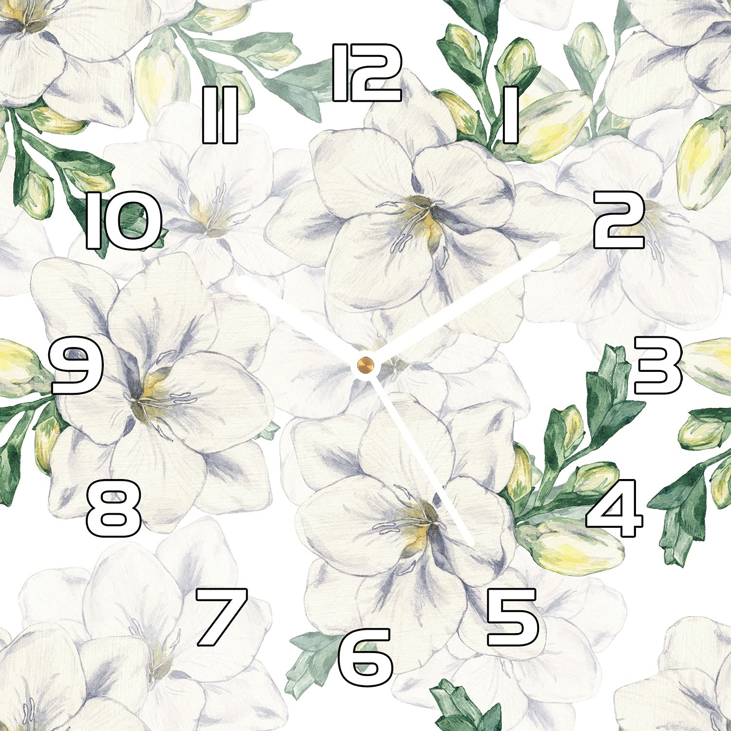 Horloge moderne salon en verre imprimé freesia 30x30 cm murale