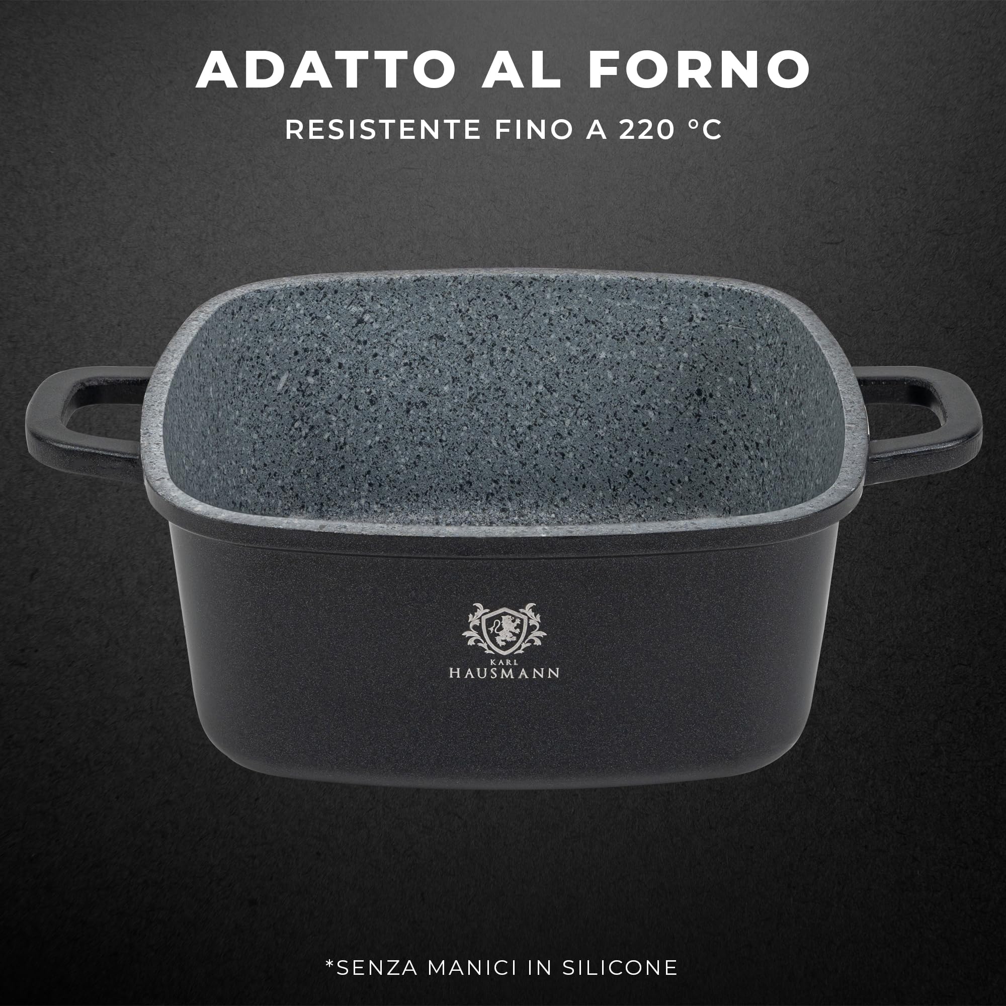 KARL HAUSMANN Pentola Antiaderenti 24 cm 4,4L con Coperchio - Quadrata Casseruola Induzione Antiaderente GREBLON C3, Tegame in Alluminio Pressofuso per Carne e Brasati, Forno, Manici Silicone