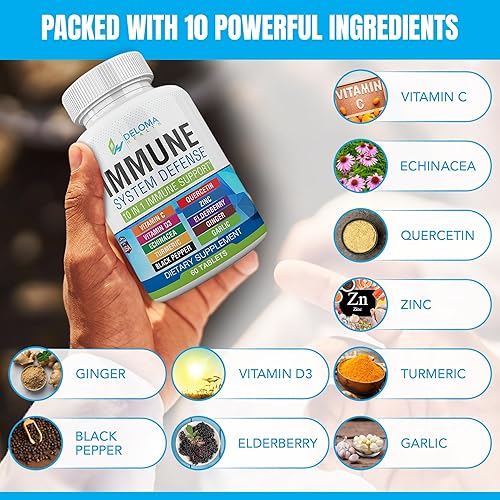 Miniatura 2 de Suplemento de apoyo del sistema inmunológico 10 en 1: vitamina C (1000 mg), quercetina, vitamina D3 (5000iu), zinc (40 mg), saúco, equinácea,