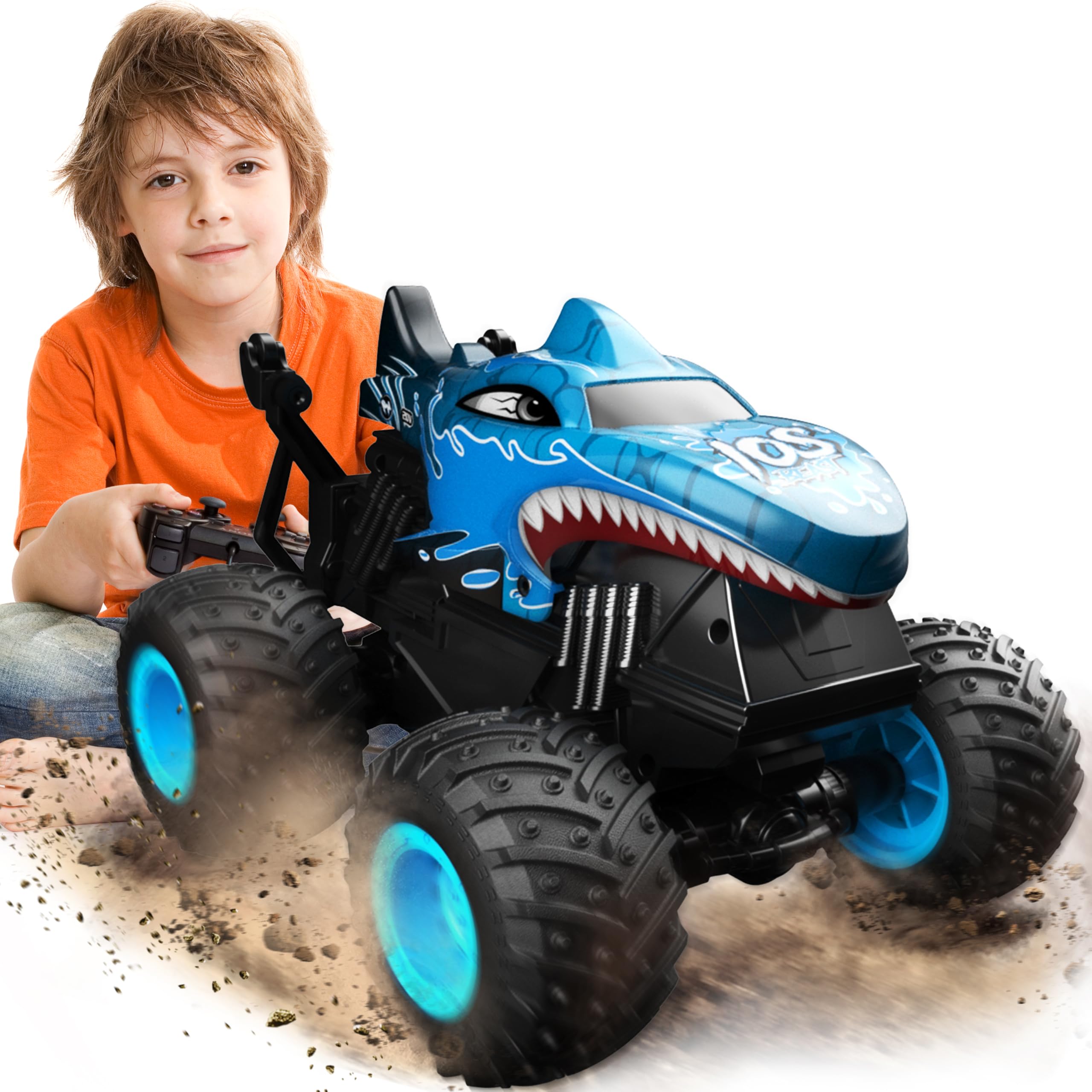 BEZGAR MonsterTruck Toys - Monster Truck Remote Control Car with Light & Music, Dinosaur Toys for Boys, RC Truck with 360 Spin Dance & Rotate, Remote Control Car for Kids age 3 4 5 6 7 8+, Blue