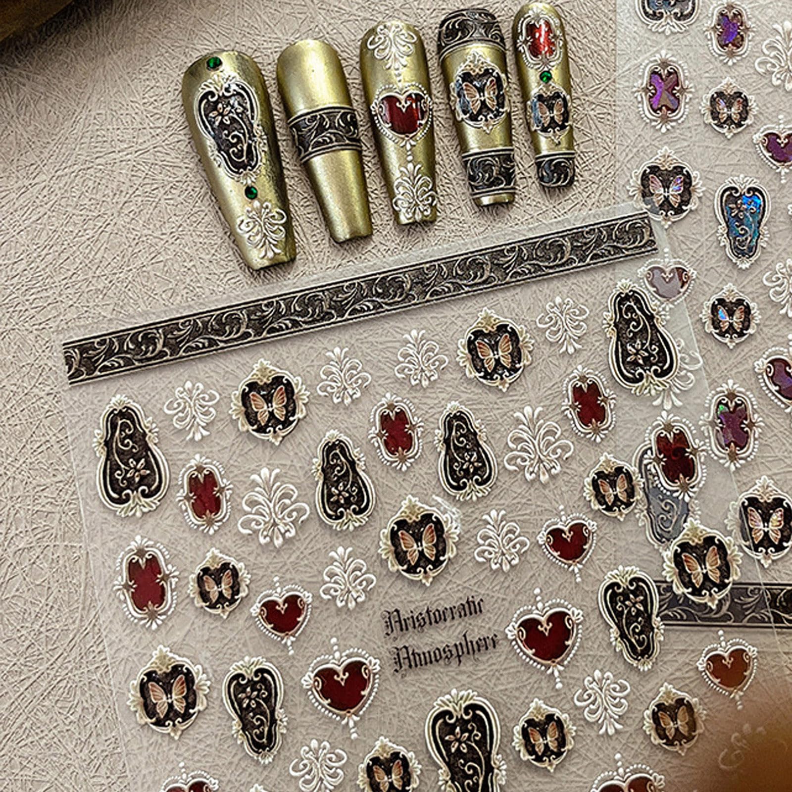 1 Sheet Retro Photo Frame Nail Stickers Butterfly Nail Decals Black Red Nail Art Stickers 5D Embossed Self-Adhesive Nail Art Supplies for Women DIY