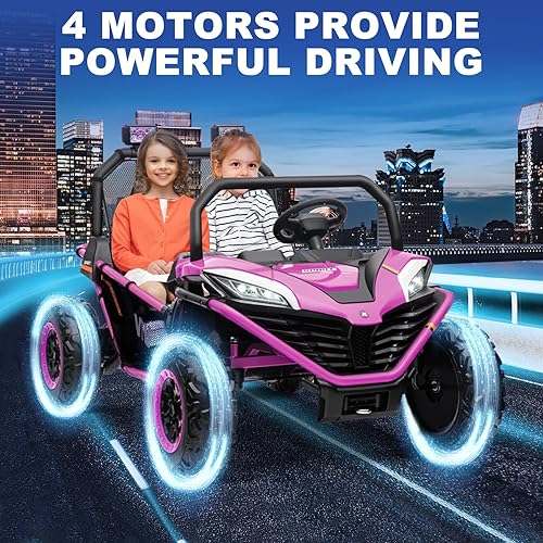 Miniatura 3 de OTTARO Camión de coche eléctrico UTV de 24 V 4WD 10 AH de 2 plazas para niños con marco de metal, control remoto, Bluetooth, morado