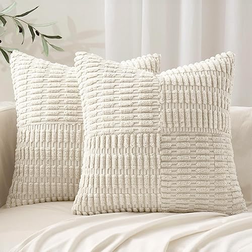 MIULEE Set of 2 Cream White Decorative Pillow Covers 20x20 Inch Textured Striped Patchwork Accents Farmhouse Boho Soft Corduroy Couch Pillows for Sofa Living Room Bed Home Decor