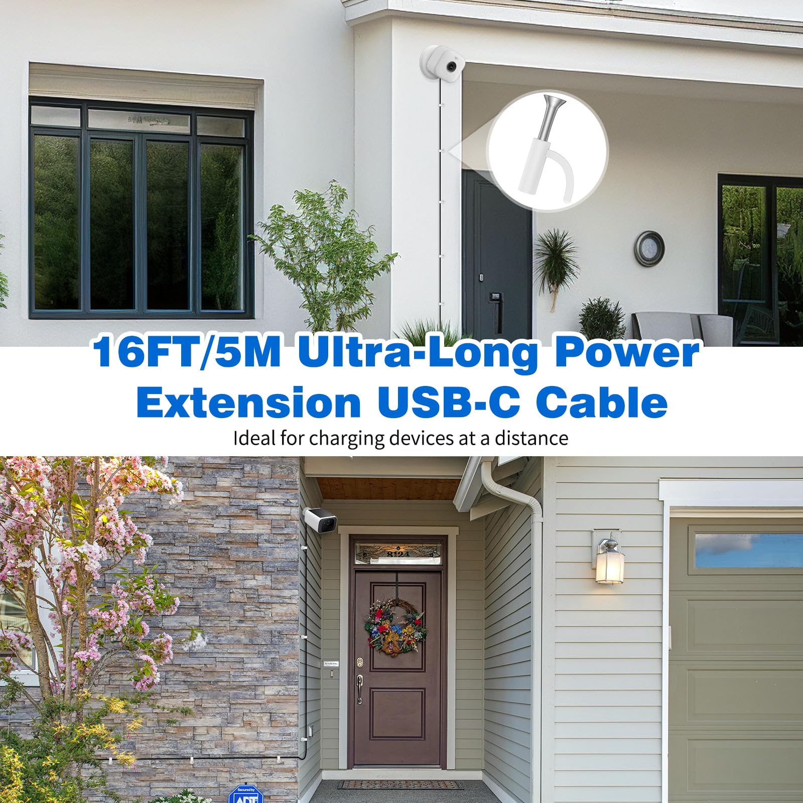 5 m langes Typ-C-Kabel für Überwachungskamera, Outdoor-USBC-Netzkabel, USB auf USB-C-Verlängerungskabel für eufy Indoor-Kamera C220/S330/CCTV-Kamera, 10 Drahtclips, Kabelnägel, Weiß
