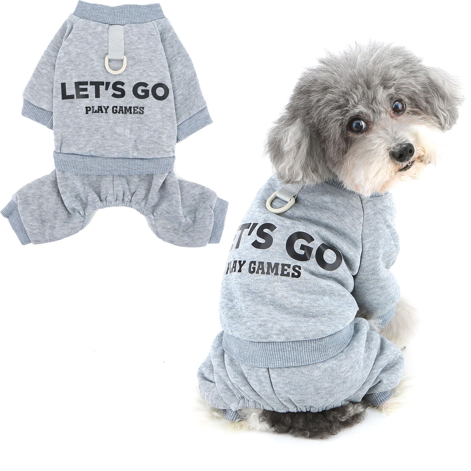 Ranphy Dog Tracksuit for Small Dogs Warm Puppy Jumpsuit with D-Ring and Letter Print Soft 4-Leg Pet Sweatshirt Pjs Cozy Comfortable Outfit Autumn Overall Chihuahua Yorkie Cat Clothes Gray S