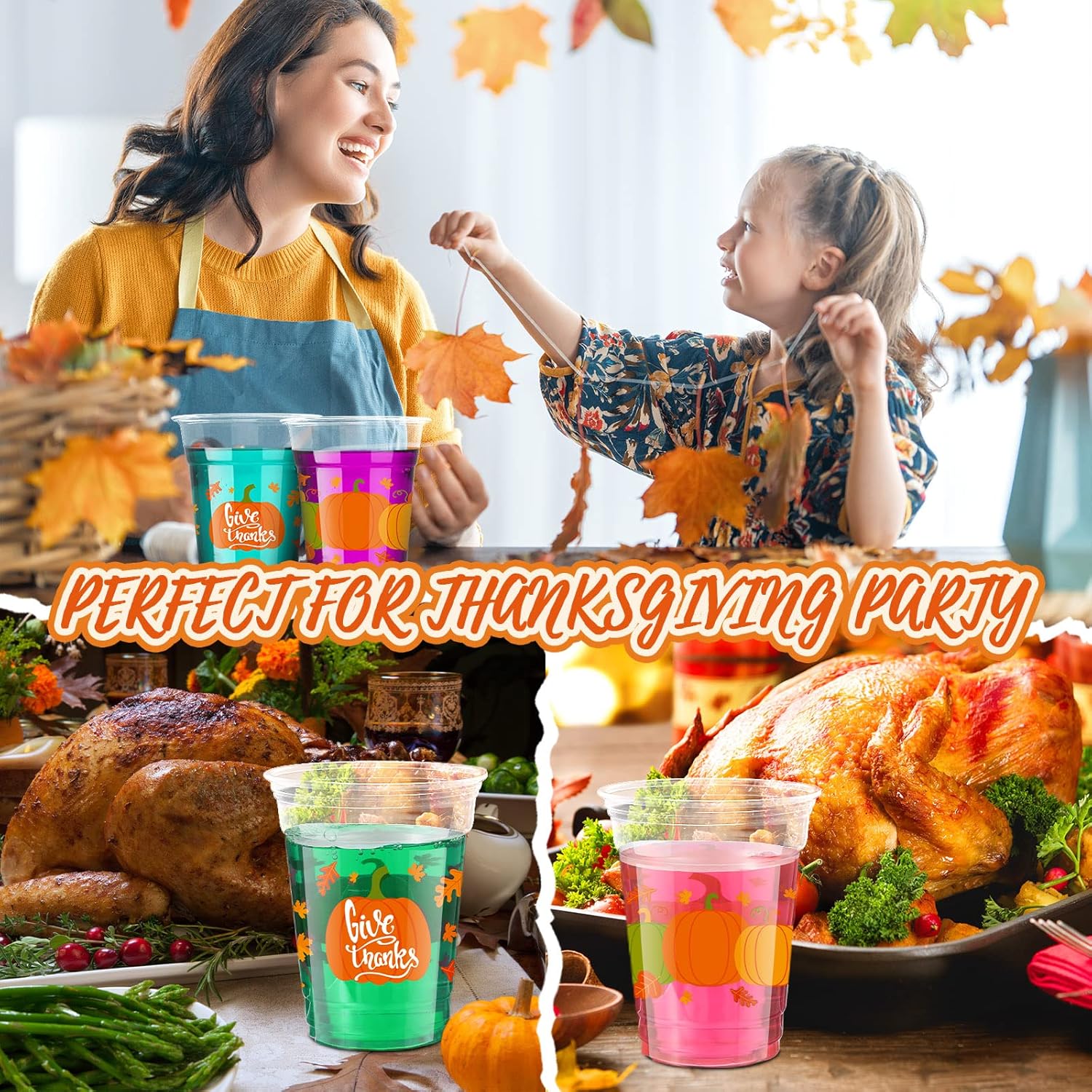 Meanplan 100 Pcs Thanksgiving Plastic Cups Bulk 12oz Fall Disposable Cups Autumn Pumpkin Leaf Turkey Clear Drinkware Tumblers Coffee Juice Wine Glasses Harvest Wedding Party Supplies(Pumpkin)